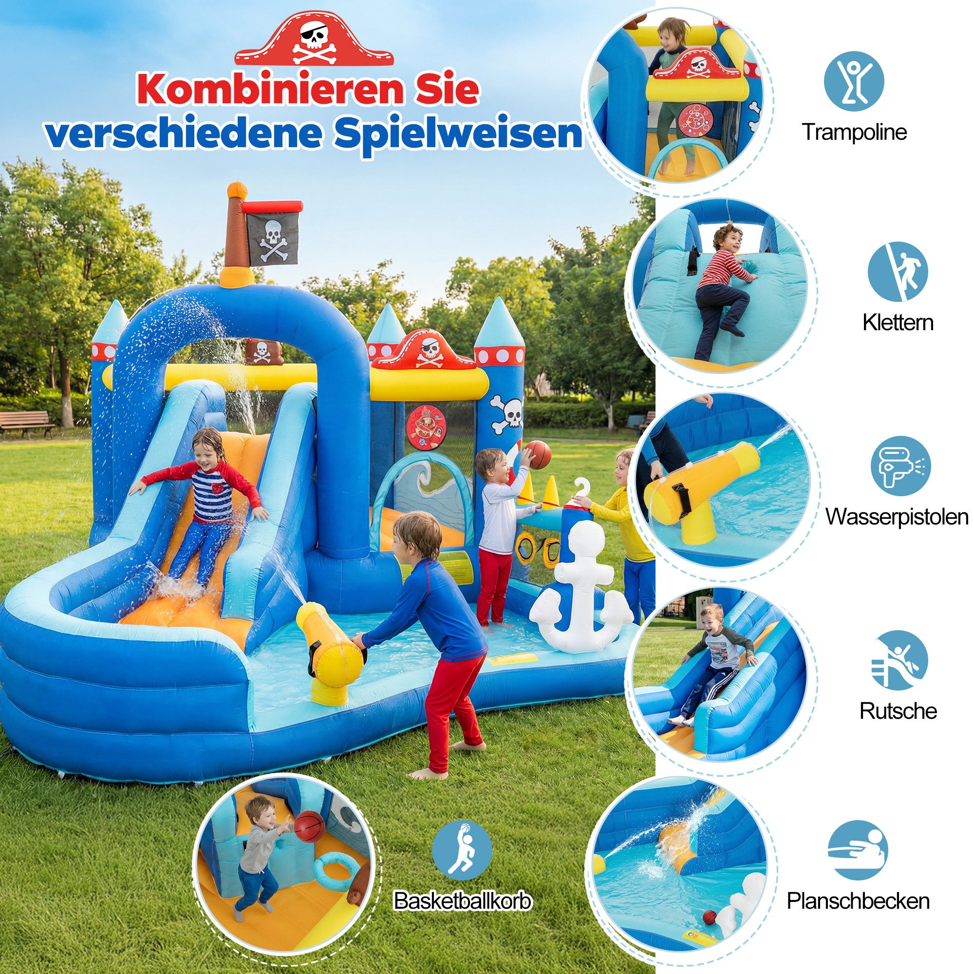 UEV Hüpfburg mit Gebläse Piraten-Thema Groß Aufblasbare Wasserpark Springburg, (444x348x260cm XXL für Kinder von 3-8 Jahre, mit Kletterwand Sicherheitsnetz Kindergeburtstag), für Indoor und Outdoor Wasserrutsche Springen