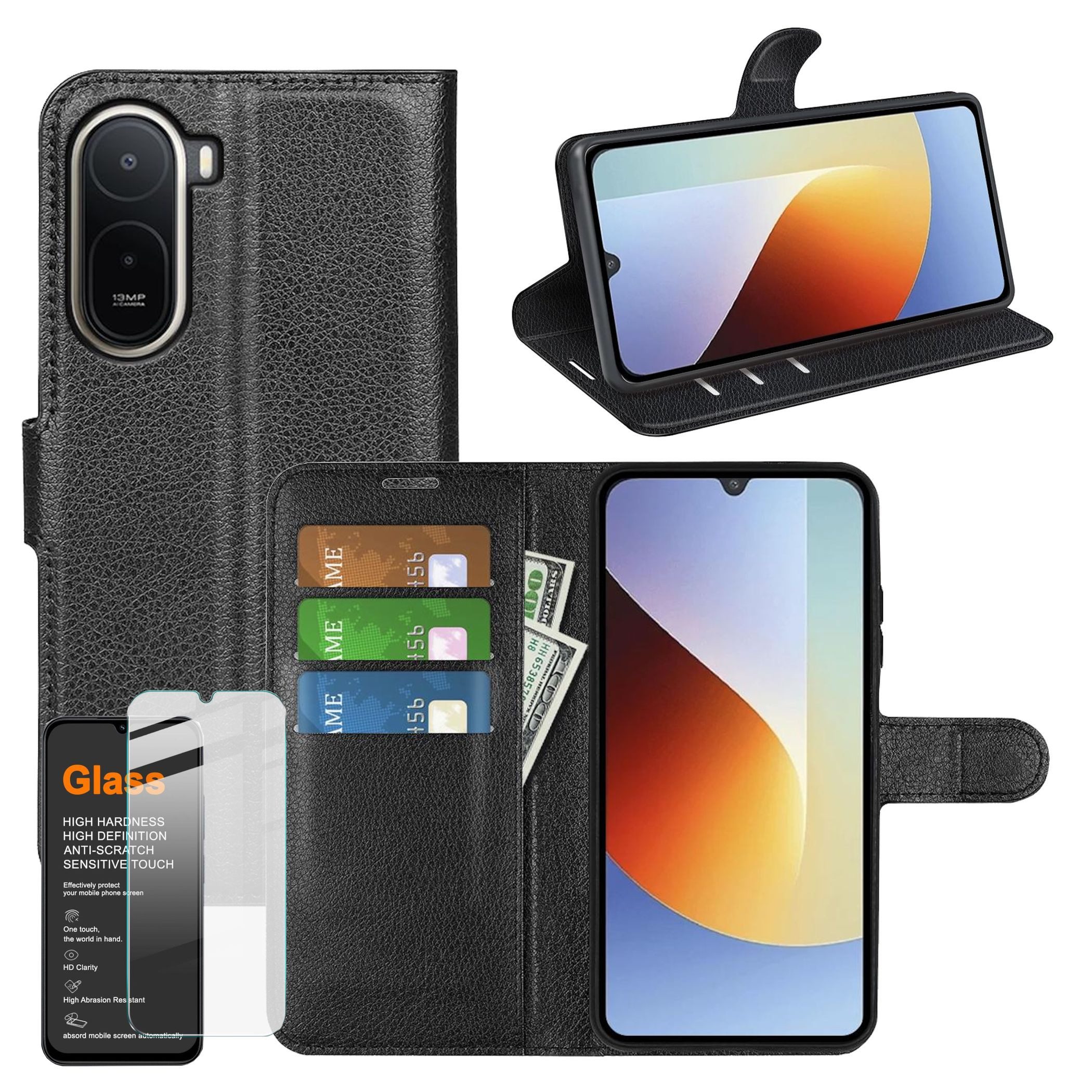Wigento Handyhülle Klapphülle + 9H Schutzglas für Xiaomi Redmi A7 Pro 4G Book Wallet Case 6,9 Zoll, Produktset Kunstleder Tasche + H9 Hart Glas