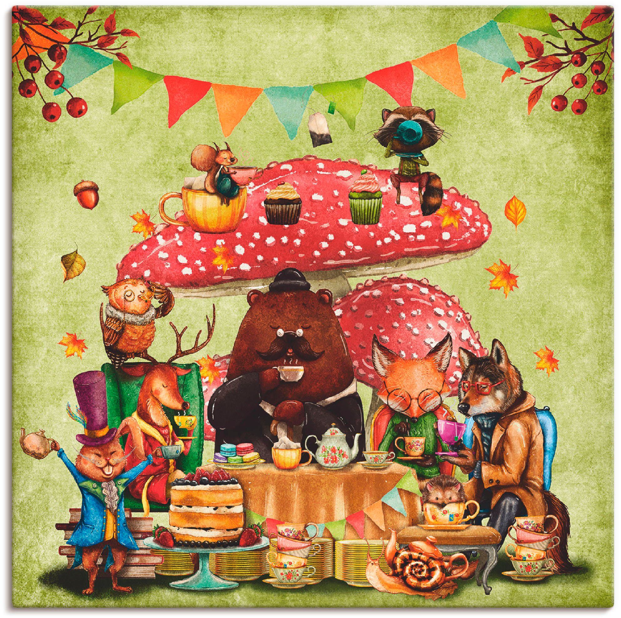 Artland Leinwandbild Wald Freunde Fliegenpilz Teetrinken, Animal Fantasy (1 St), auf Holzrahmen gespannt