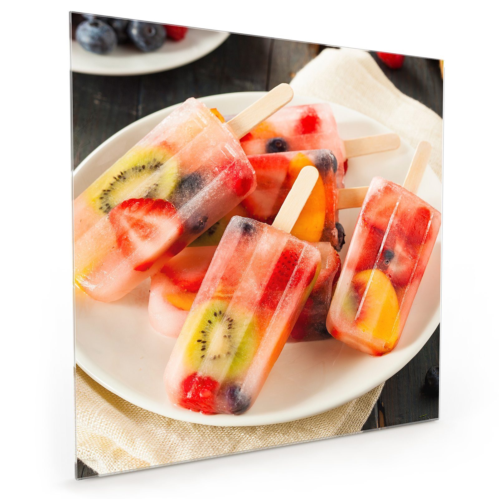 Primedeco Küchenrückwand Küchenrückwand Spritzschutz Glas mit Motiv Früchte in gefrorenem Eis | Küchenrückwände