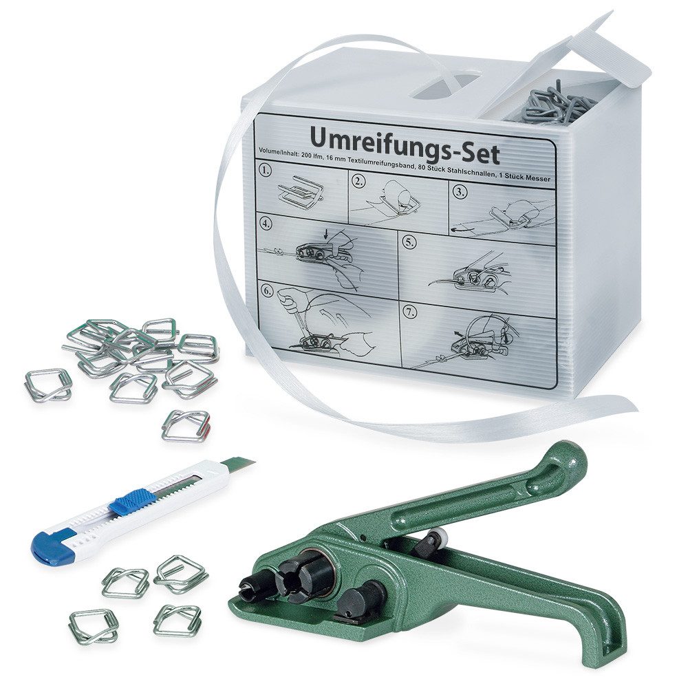 BRB-Lagertechnik Spanngurt Mobiles Umreifungs Komplett-Set, 200 m Polyesterband Breite 16 mm Flexibel und widerstandsfähig