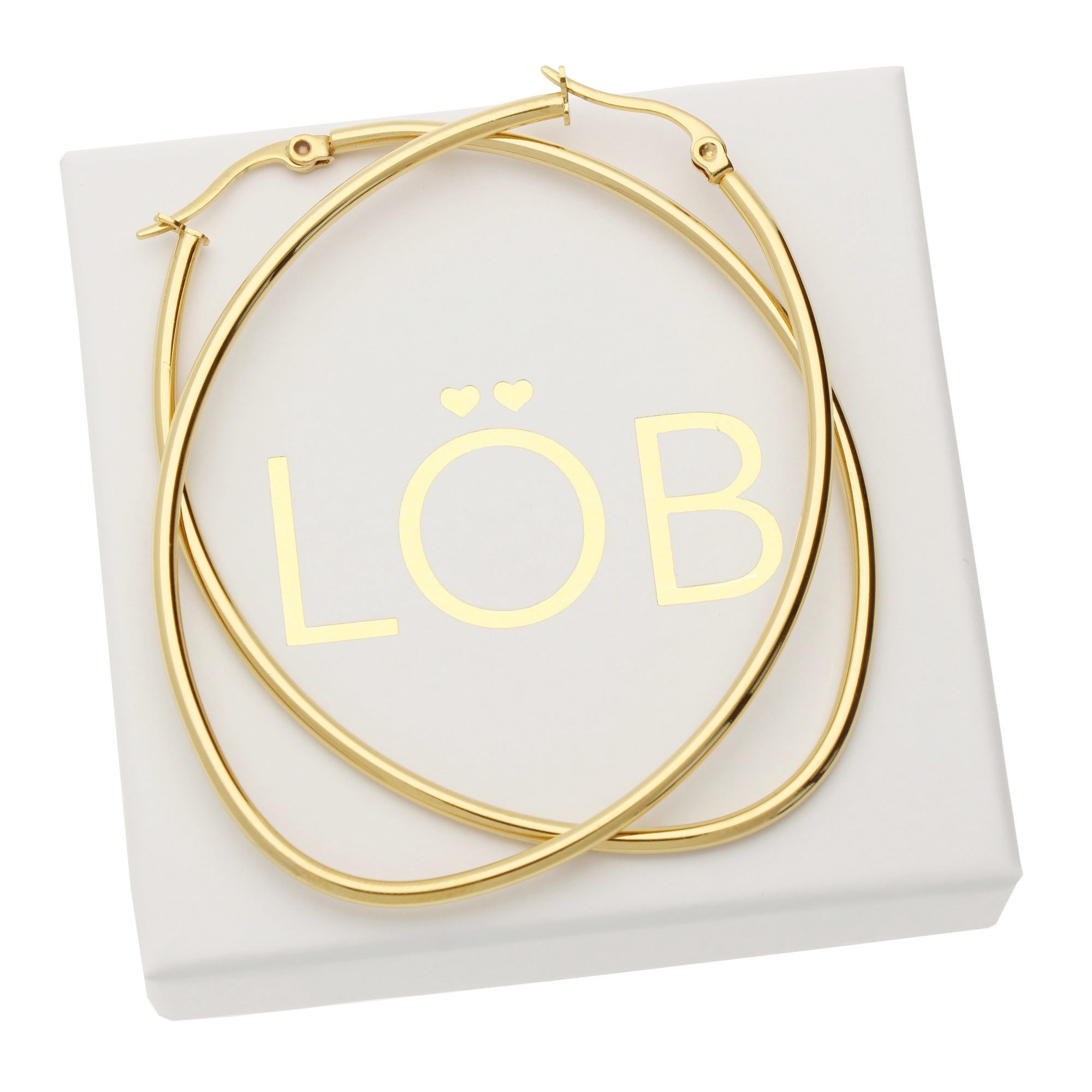 LÖB Paar Creolen Edelstahl 18K gold vergoldet Creolen Ohrringe Oval Tropfen 60mm (Geschenke für Frauen Damen Beste Freundin Mutter Mama Ehefrau Oma sie zum Geburtstag Schmuck Sommer, Inkl. Schmuckbox), Damen Klappcreolen Kreolen hängend Groß Flach Breit Einfach Leicht
