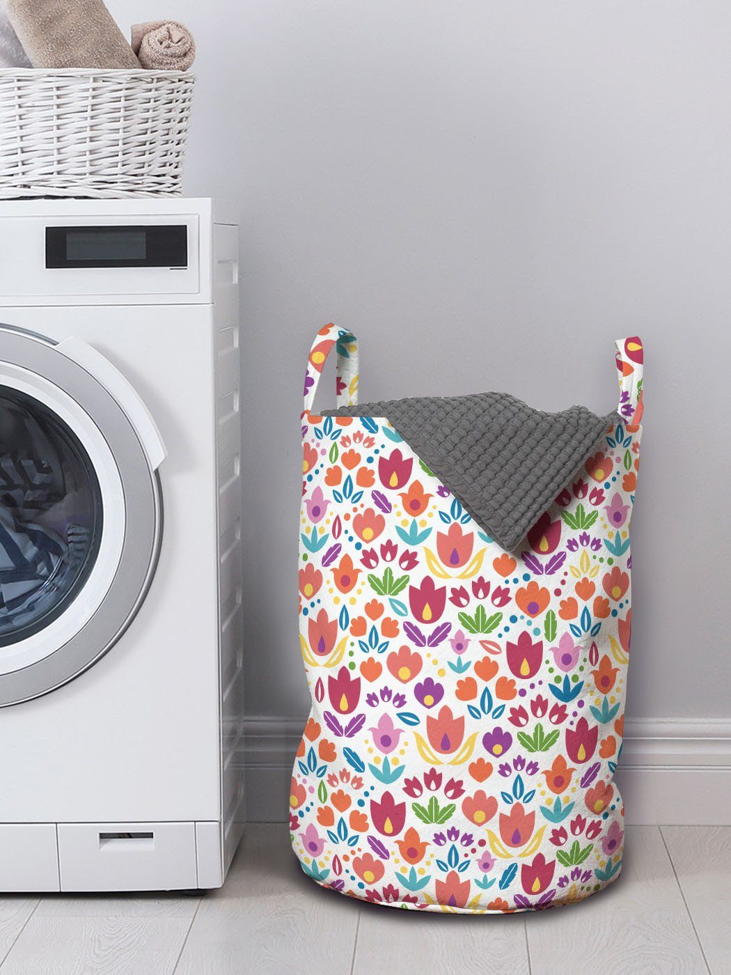 Niederländisch Blooming Wäschesäckchen Waschsalons, Tulpe-Entwurf mit Wäschekorb Griffen Kordelzugverschluss Abakuhaus für