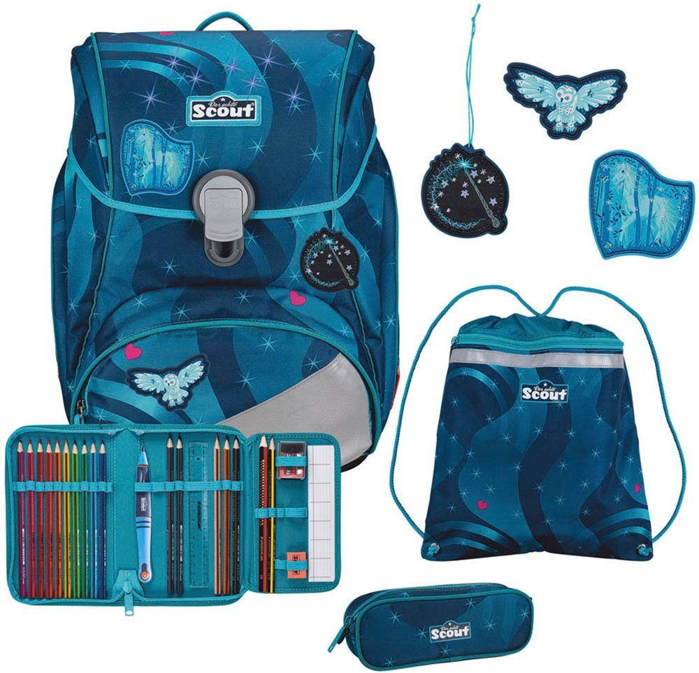 Scout Ранці Alpha LED, Heaven (Set, 4-tlg), mit LED, 2 Funny Snaps Move, 1 Anhänger; enthält recyceltes Material
