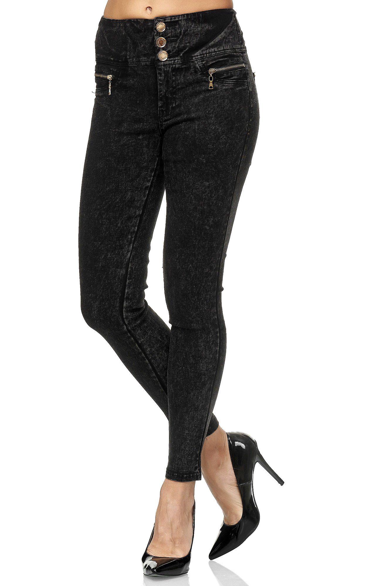 (1-tlg) Waist High-waist-Jeans Elara Jeggings Damen Dunkelgrau High Elara Hose Stretch