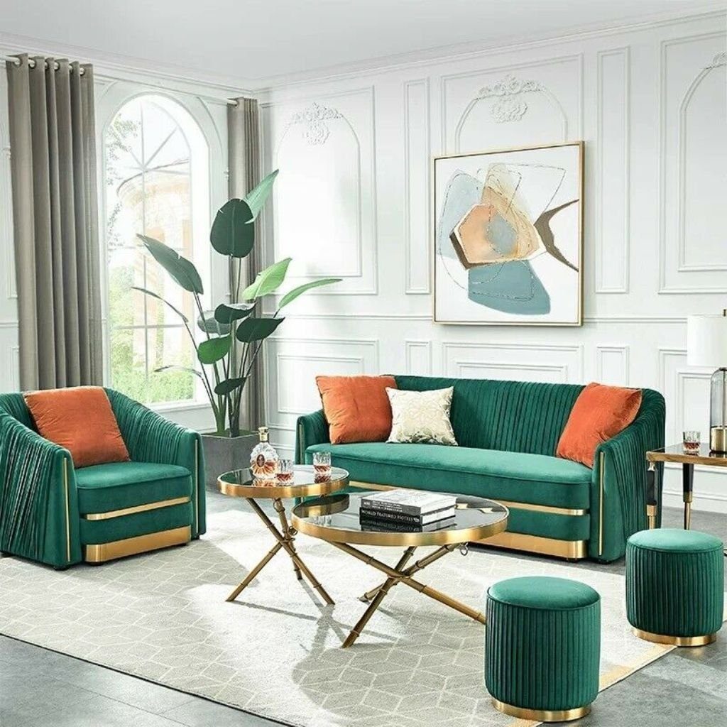 Wohnzimmer-Set, Sitz Sofa Couch Polster Garnituren + Designer JVmoebel Samt Hocker 3+1 Sitzer
