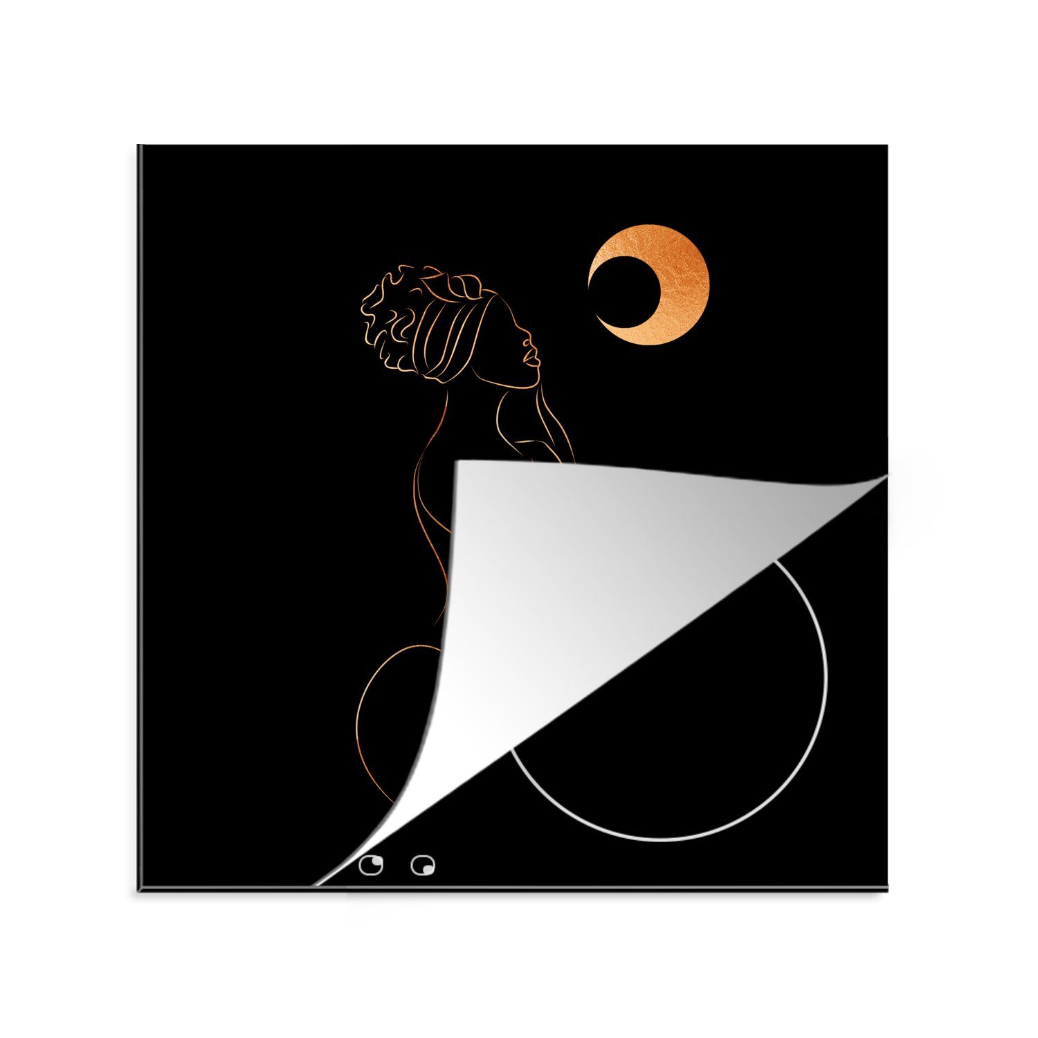 MuchoWow Herdblende-/Abdeckplatte küche Schwarz für Gold - - Mond cm, Vinyl, Ceranfeldabdeckung, tlg), (1 Arbeitsplatte 78x78 Strichzeichnung, und Frau 