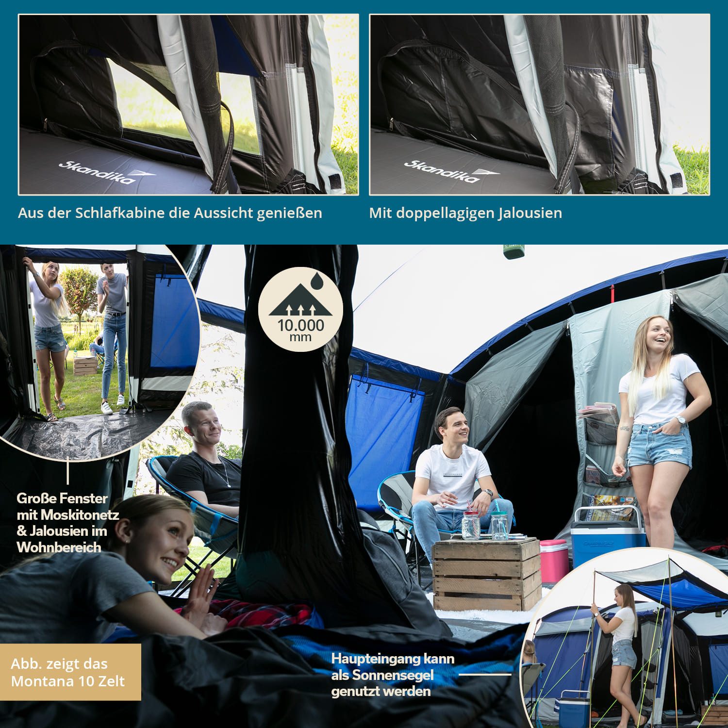 Skandika Tunnelzelt Montana 8 Sleeper, Familienzelt mit 3-4 nachtschwarzen Schlafkabinen, Personen: 8 (Sleeper Technologie, Organizer-Taschen, Haken für Zeltlam – Bild 4 von 5
