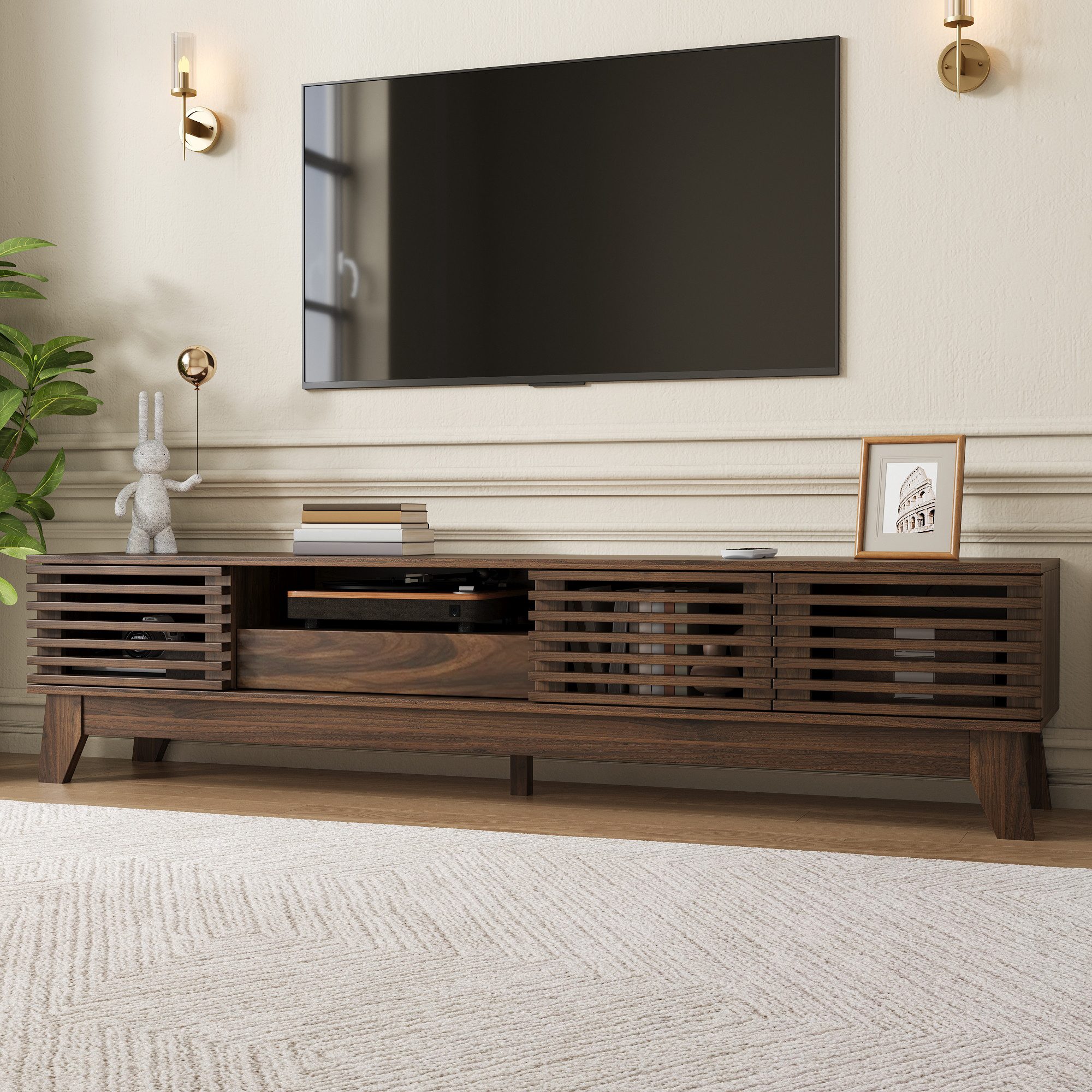 Merax Lowboard mit 3 Türen, Schublade, Stauraum und offenen Fächern (1 St., 170x35x40 cm), TV-Schrank mit gerillter Frontblende, …