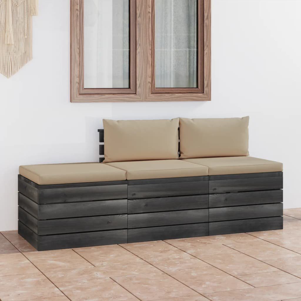 vidaXL Gartenlounge-Set 3-tlg. Garten-Sofagarnitur aus Beige Paletten mit Kissen (3-tlg) Kiefernholz