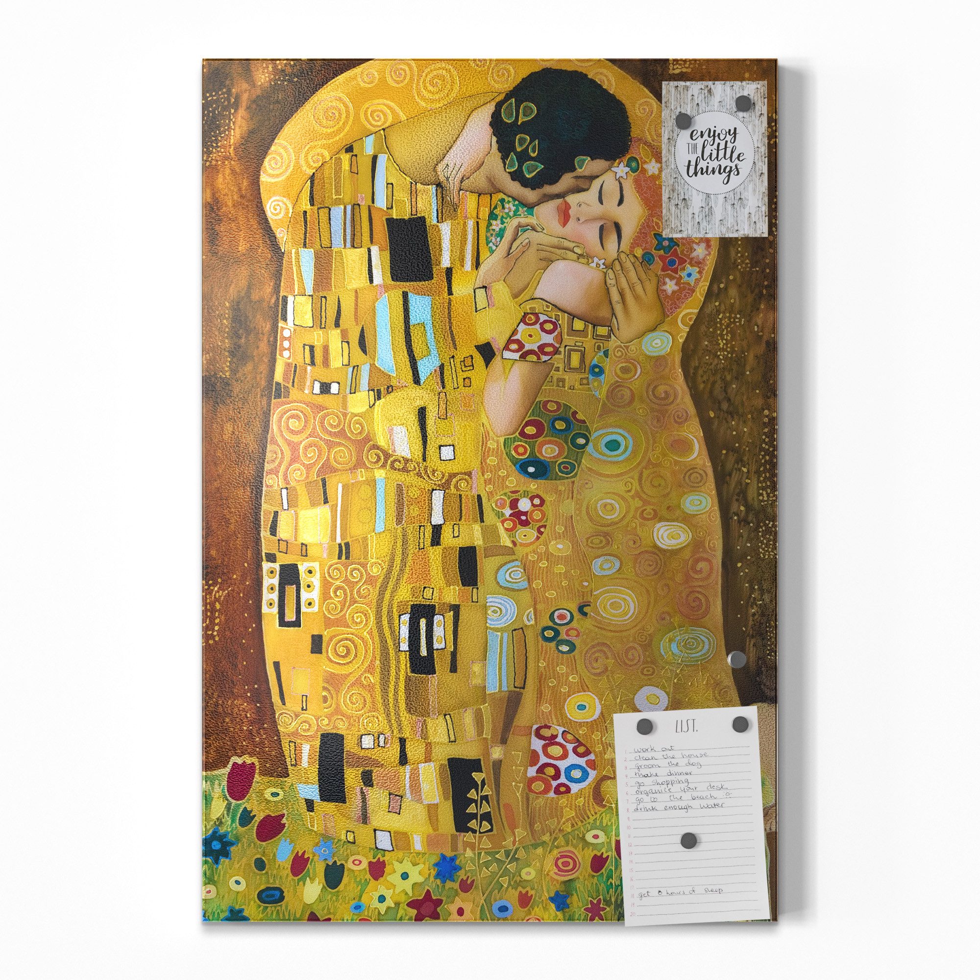 DEQOART Magnettafel 'Der Kuss von Gustav Klimt', Metall Whiteboard für alle Magnete, Magnetboard magnetisch