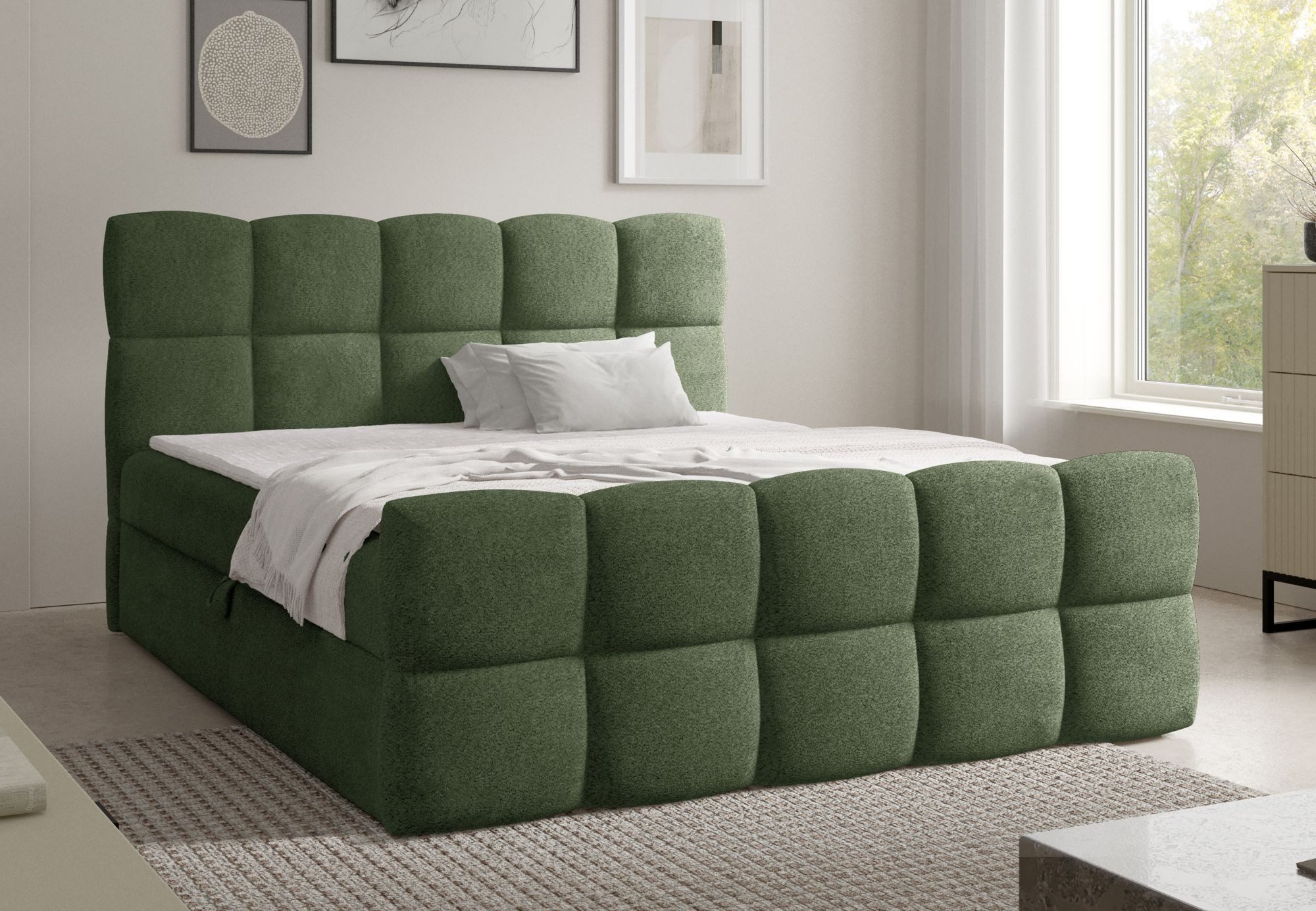 Home Collective Boxspringbett Polsterbett Doppelbett Bubble Bett mit Stauraum, Topper, viele Größen (Verfügbare Größen: 120x200, 140x200, 160x200, 180x200, 200x200 cm), komfortable Liegehöhe edles Design mit Steppung Grün