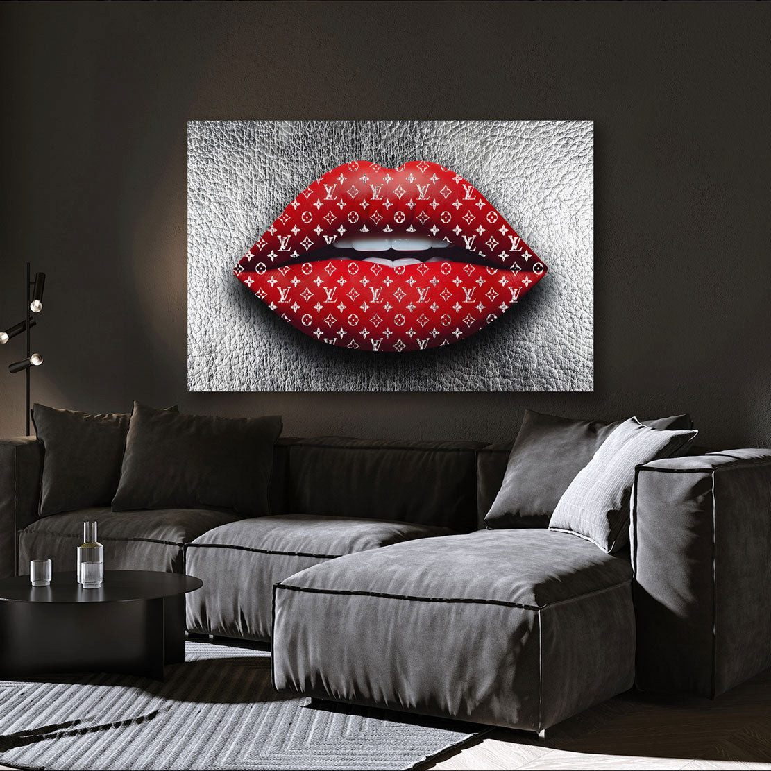 Artedinoi Leinwandbild Rote Lippen mit Luxusmuster auf silbernem Hintergrund Wandbild XL Wand, Rote Lippen auf Silber
