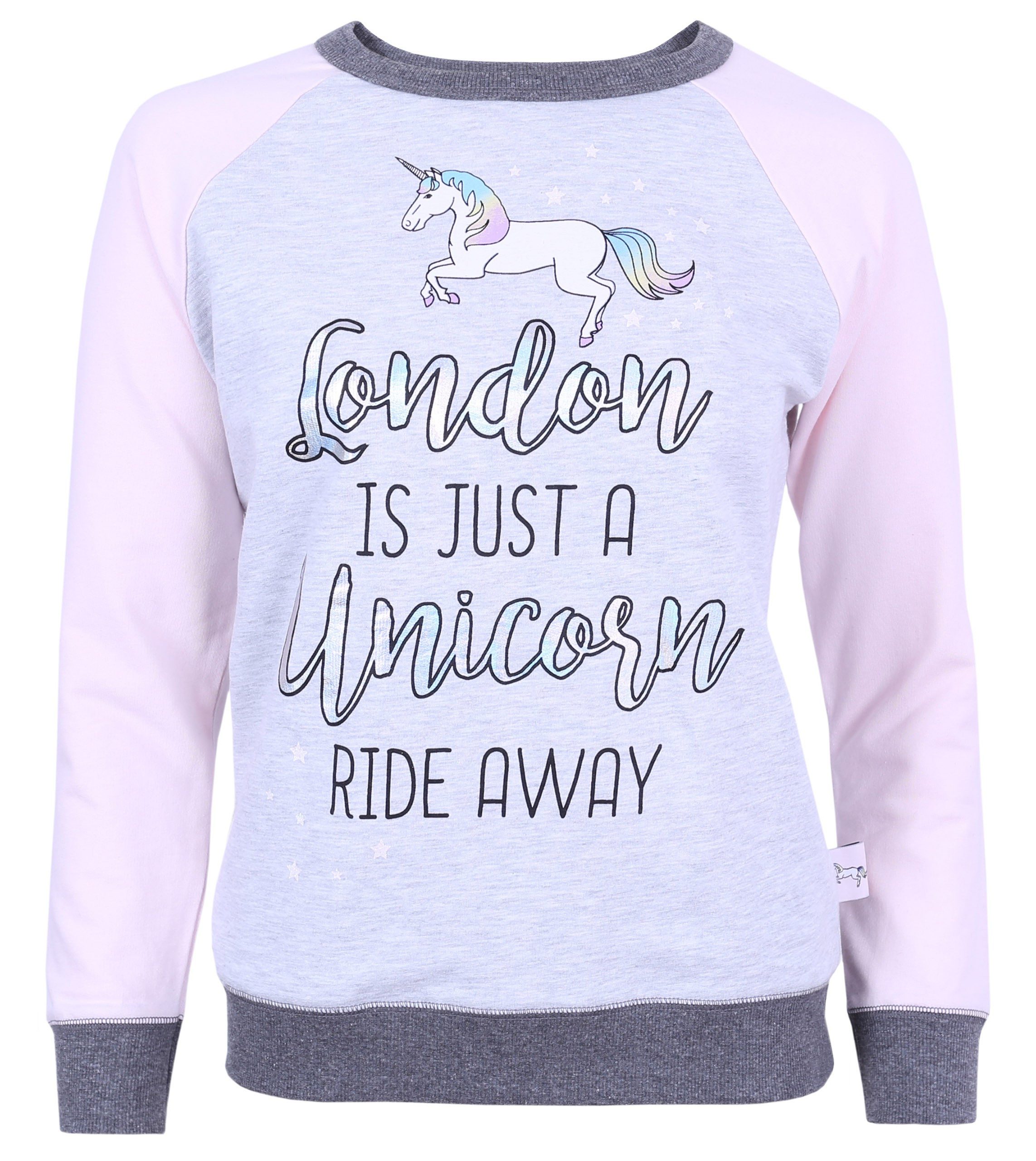 Sweatshirt Grau-rosafarbener Pullover über den Kopf angezogen Einhorn L