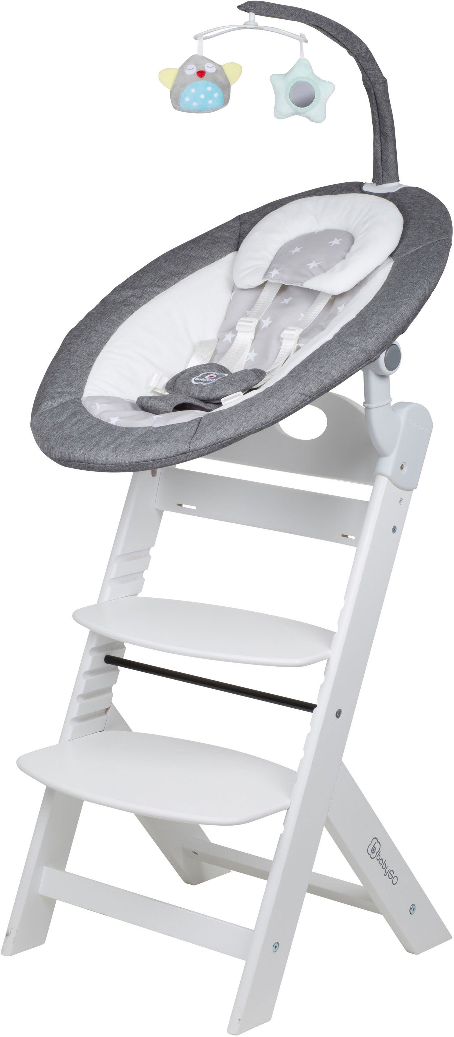 BabyGo Hochstuhl Family Homey Set, weiß/hellgrau, mit elektrischer Babywippe inkl. Spielbogen