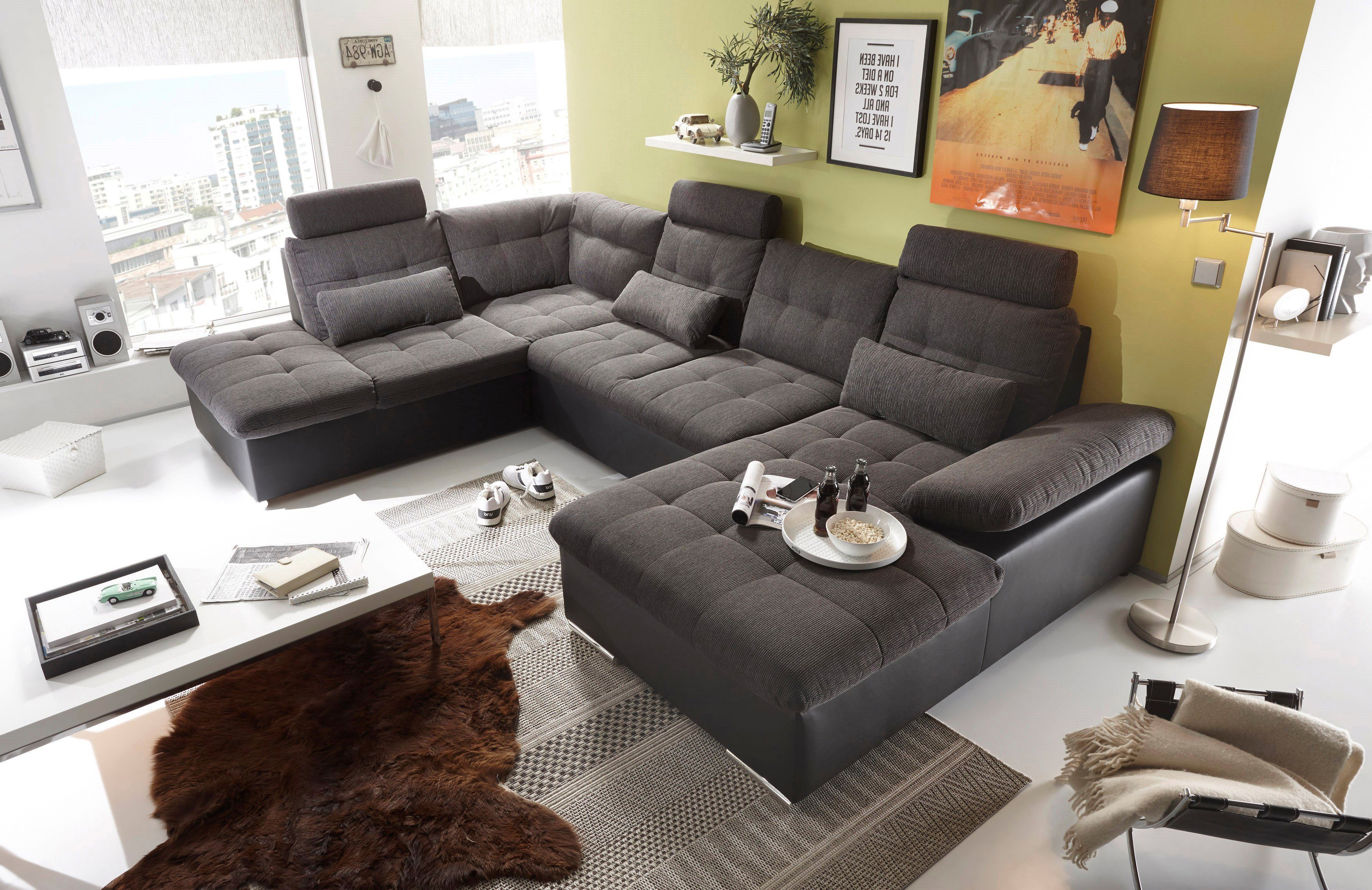 ED EXCITING DESIGN Wohnlandschaft Jakarta U-Form mit Bettfunktion, Bettkasten, Armteilverstellung, Kopfstützen & 3 Nierenkissen
