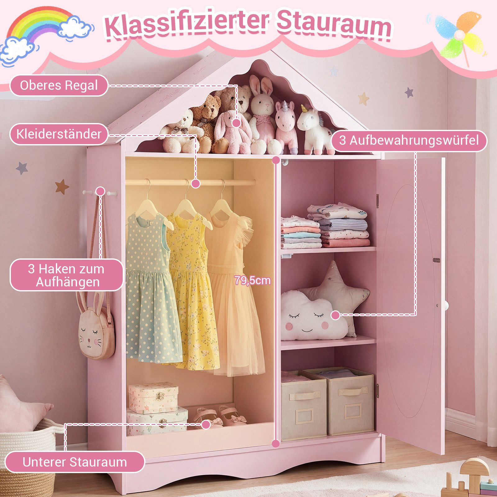 COSTWAY Kleiderständer, Dachförmiger, mit offener Kleiderstange, Regalen & Haken