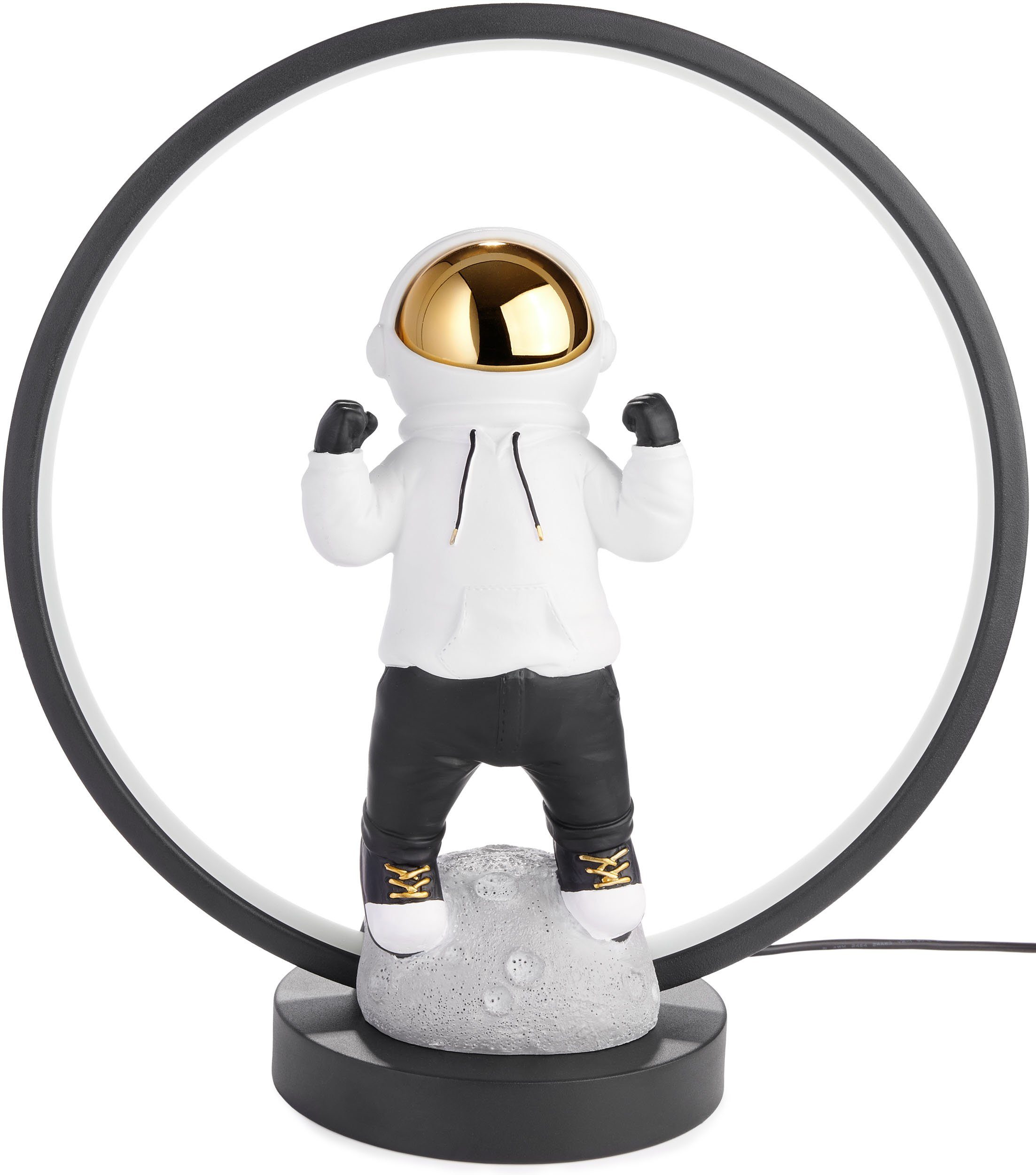 BRUBAKER LED Tischleuchte Astronaut mit Hoodie und Gold verchromtem Helm in Anime Pose, mit indirekter Beleuchtung und USB-C Stecker, LED fest integriert, 33 cm Tischlampe mit LED-Ring - Handbemalte Weltraum Nachttischlampe