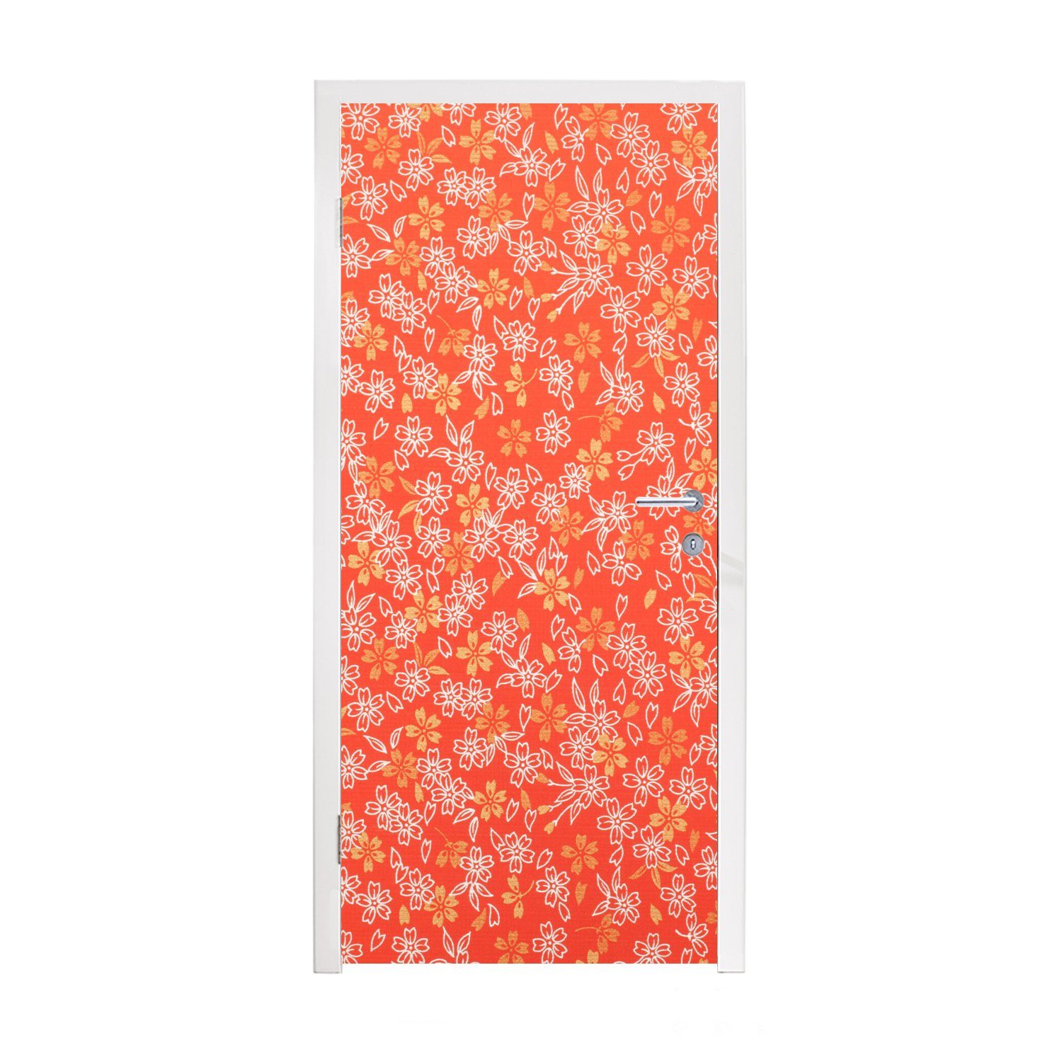 bedruckt, Tür, Fototapete Türtapete St), Türaufkleber, Matt, orange-weißes 75x205 Blumendesign, MuchoWow (1 für Ein cm