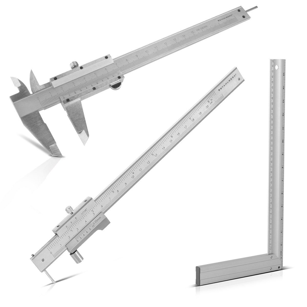 STAHLWERK Messschieber Messwerkzeugset 3 teilig 2 Messschieber DIN 862 1 Anschlagwinkel 400mm