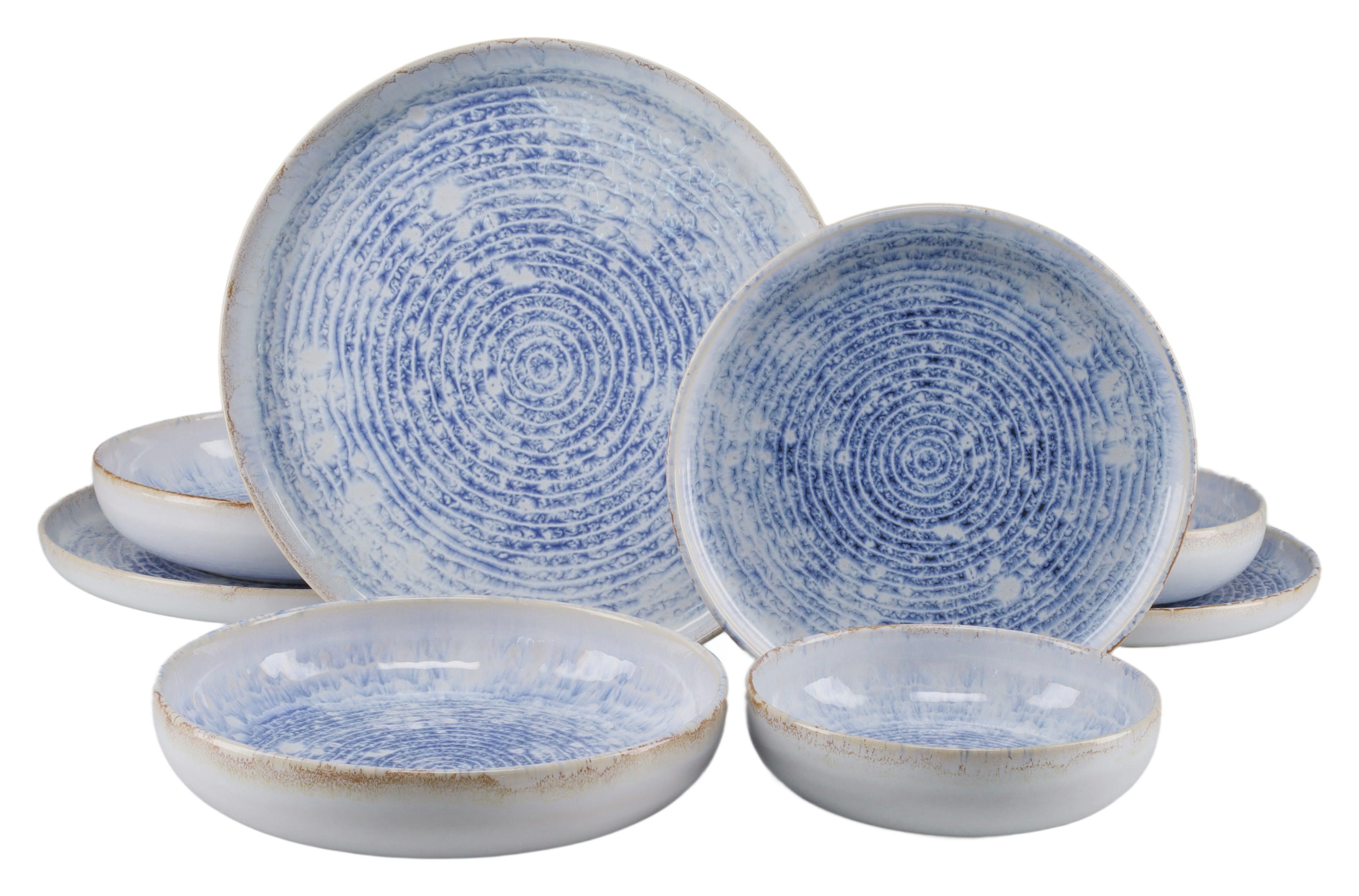 CreaTable Teller-Set Uno Mykonos glänzend, Geschirr-Set, 8-tlg. (8-tlg), 2 Personen, Steinzeug, Modernes Spiraldekor, Reaktivglasur