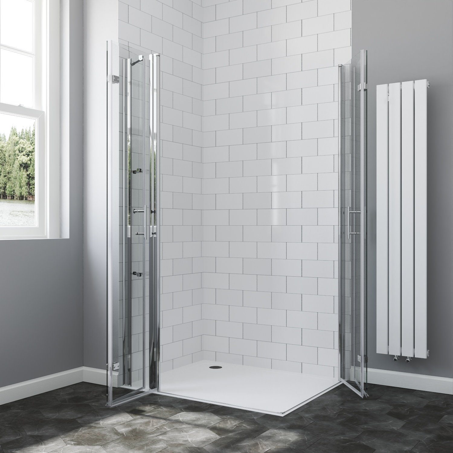 AQUABATOS Eckdusche Duschkabine Eckeinstieg Bad Falttür Duschabtrennung Duschwand, BxT: 90x70 cm, 6 mm Einscheibensicherheitsglas, barrierefrei,großer Verstellbereich,mit Festteil und Duschablage