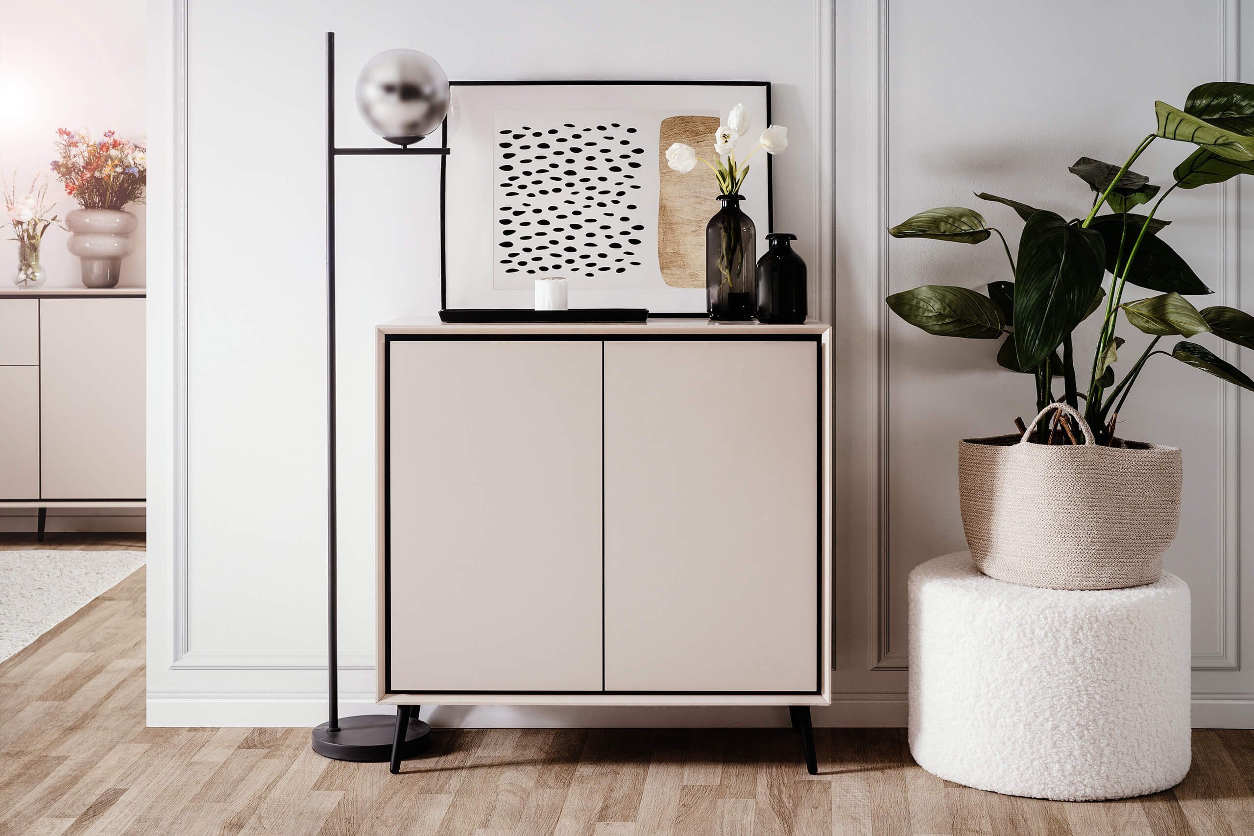 Newroom Kommode Schwarz 90 cm, Sideboard Schrank mit Türen Aufbewahrungsschrank für Wohnzimmer F...