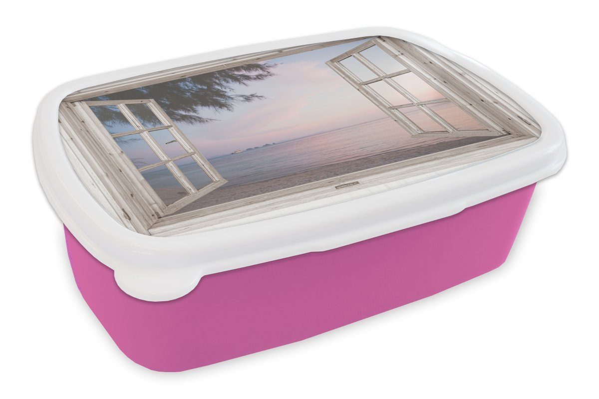 Kinder, Lunchbox Aussicht MuchoWow Palme, Kunststoff rosa Kunststoff, Erwachsene, Brotbox Mädchen, (2-tlg), - für Snackbox, - Brotdose Strand