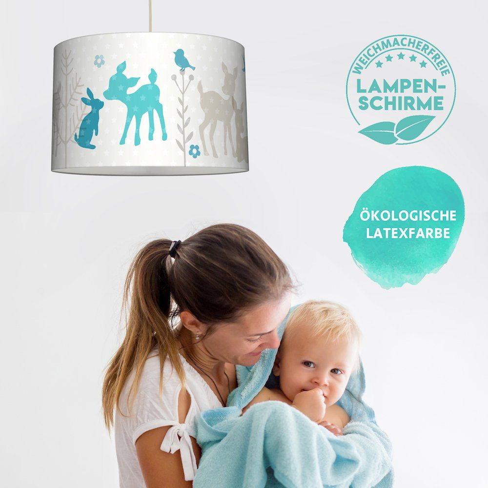 Plug & Rehe - lovely türkis/grau/beige LED Kinderzimmer Pendelleuchte Baby, Häschen wechselbar & label Lampe Shine,