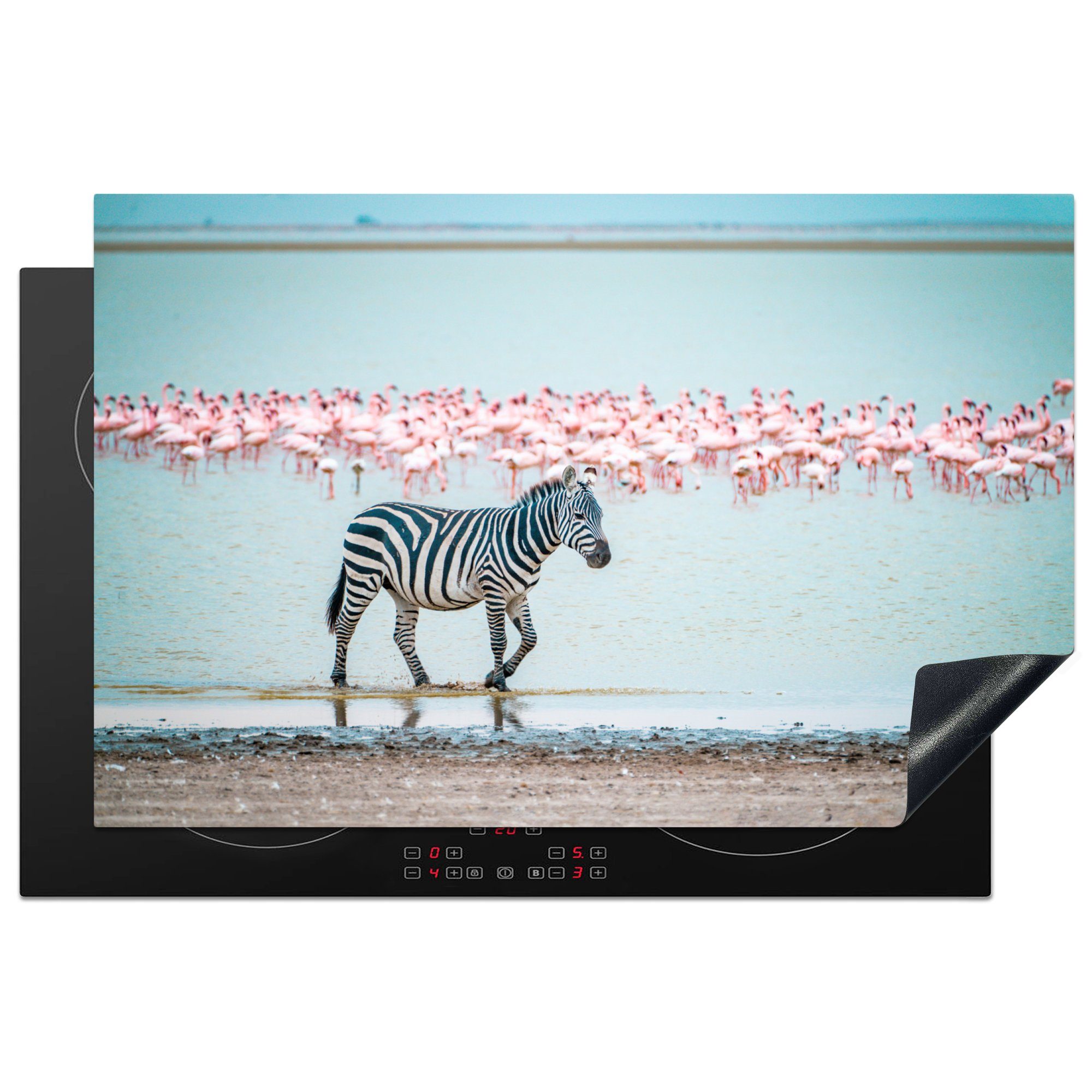 MuchoWow Herdblende-/Abdeckplatte Zebra läuft durch Wasser in der Nähe von Flamingos in der Savanne, Vinyl, (1 tlg), 81x52 cm, Induktionskochfeld Schutz für die küche, Ceranfeldabdeckung