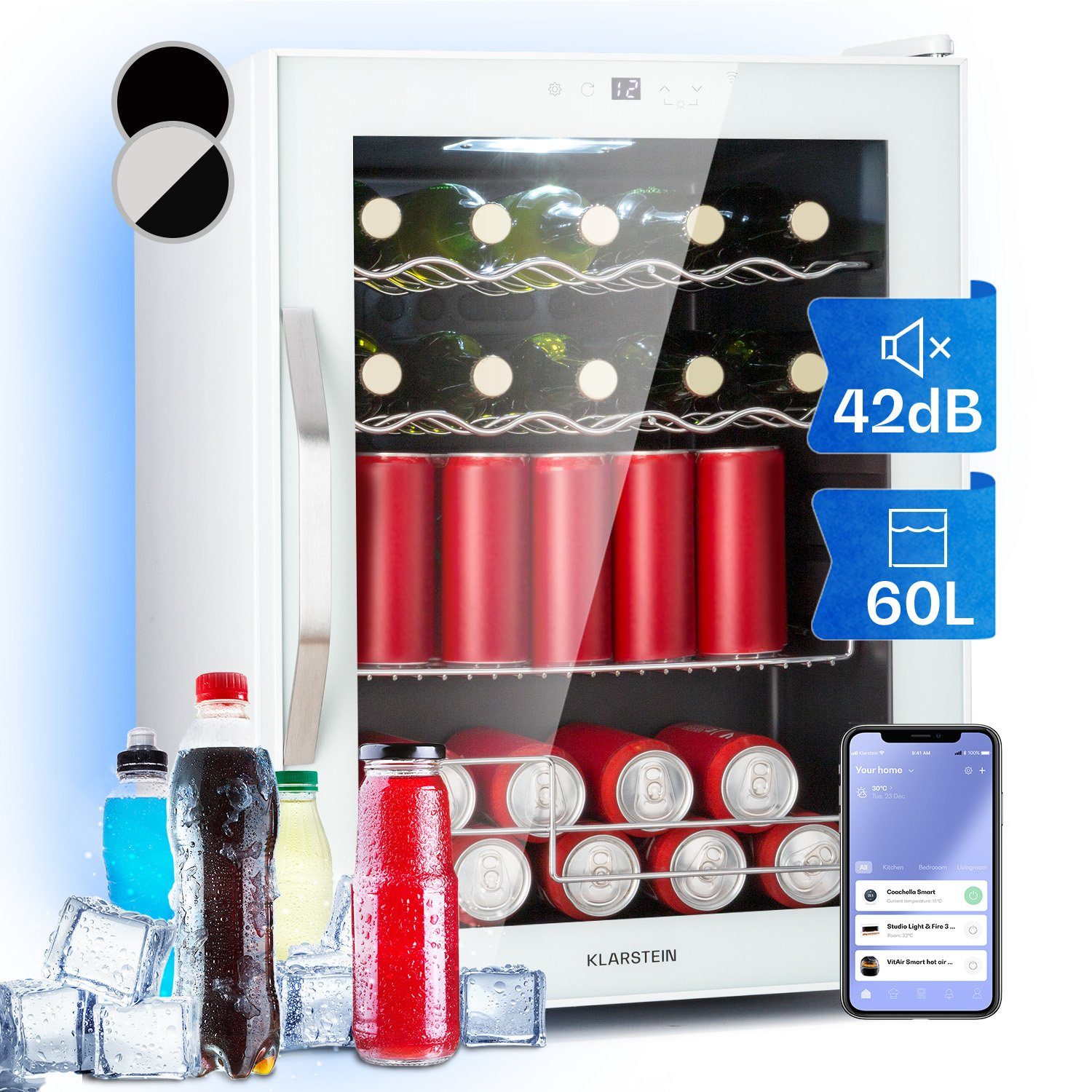 Klarstein Getränkekühlschrank HEA-Coachella 60-wh 10045042, 47 cm hoch, 63.6 cm breit, Bierkühlschrank Getränkekühlschrank Flaschenkühlschrank mit Glastür Weiss
