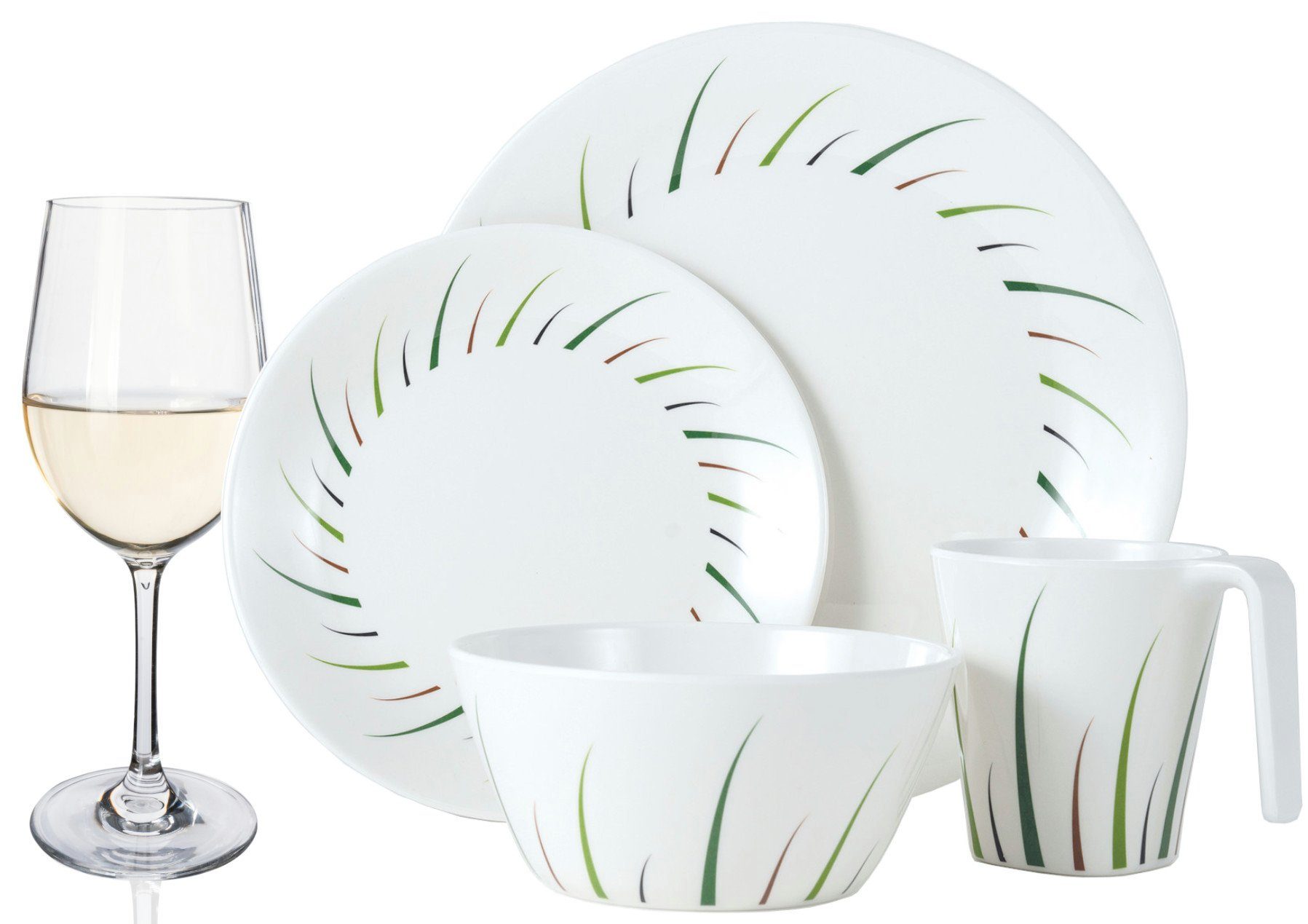 Moritz Geschirr-Set Camping Geschirr Set 4 Personen Limon 16 Teilig + 4 Weißweingläser