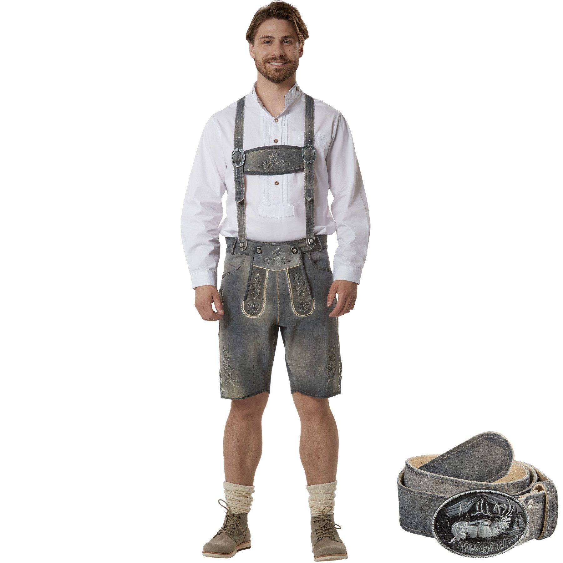 dressforfun Trachtenhose Kurze Herren-Lederhose mit traditionellen Strickereien, hochwertig (Herrenhose Joshua, für Volksfeste in Sandfarben) langlebig, echte Knochenknöpfe, Inkl. Gürtel und Hosenträgern