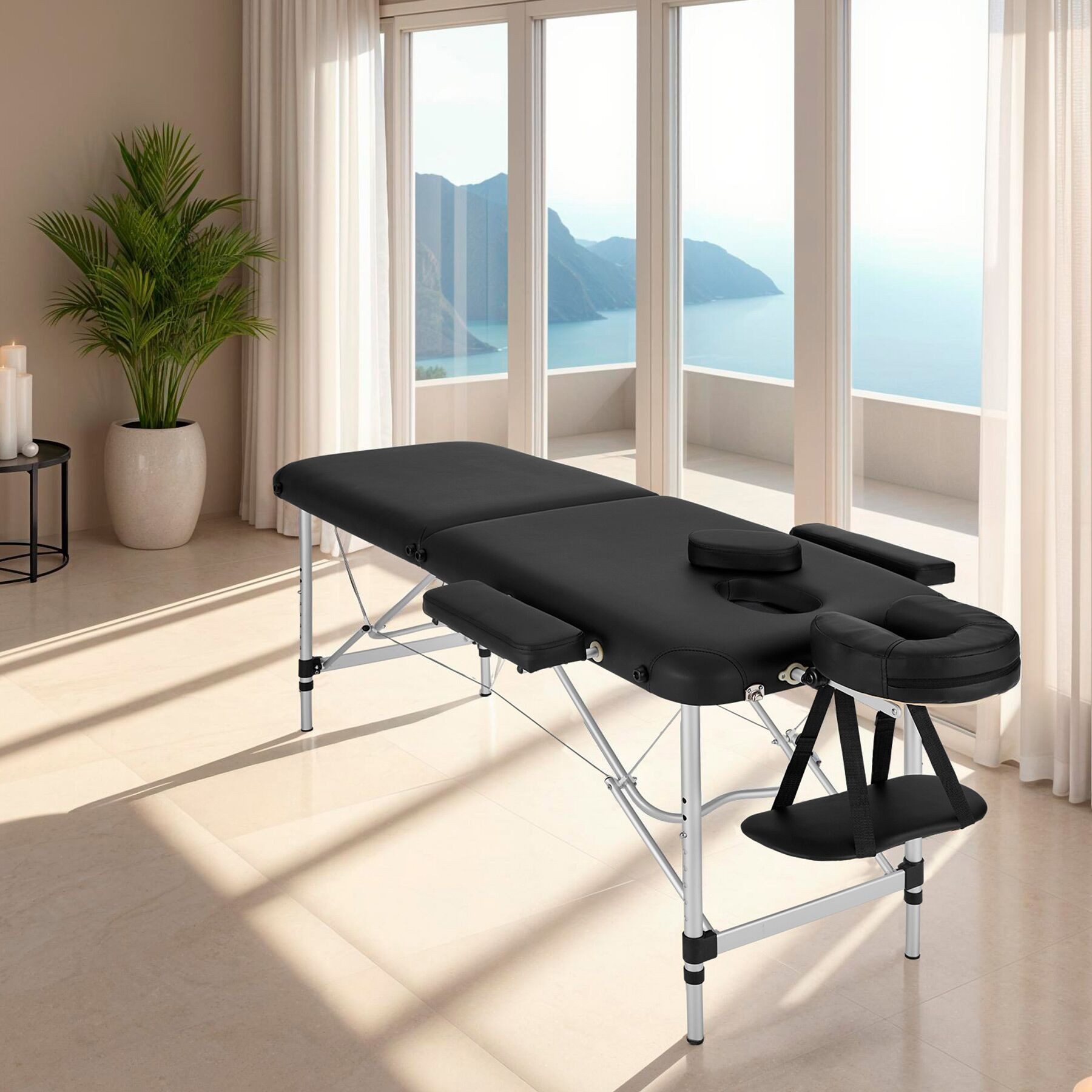 tectake Massageliege 2-Zonen Kosmetikliege mit Vinylbezug - Öl- und wasserresistent (Massagetisch, 1-St., in Schwarz), Inkl. Tragefunktion und abnehmbarer Kopfstütze