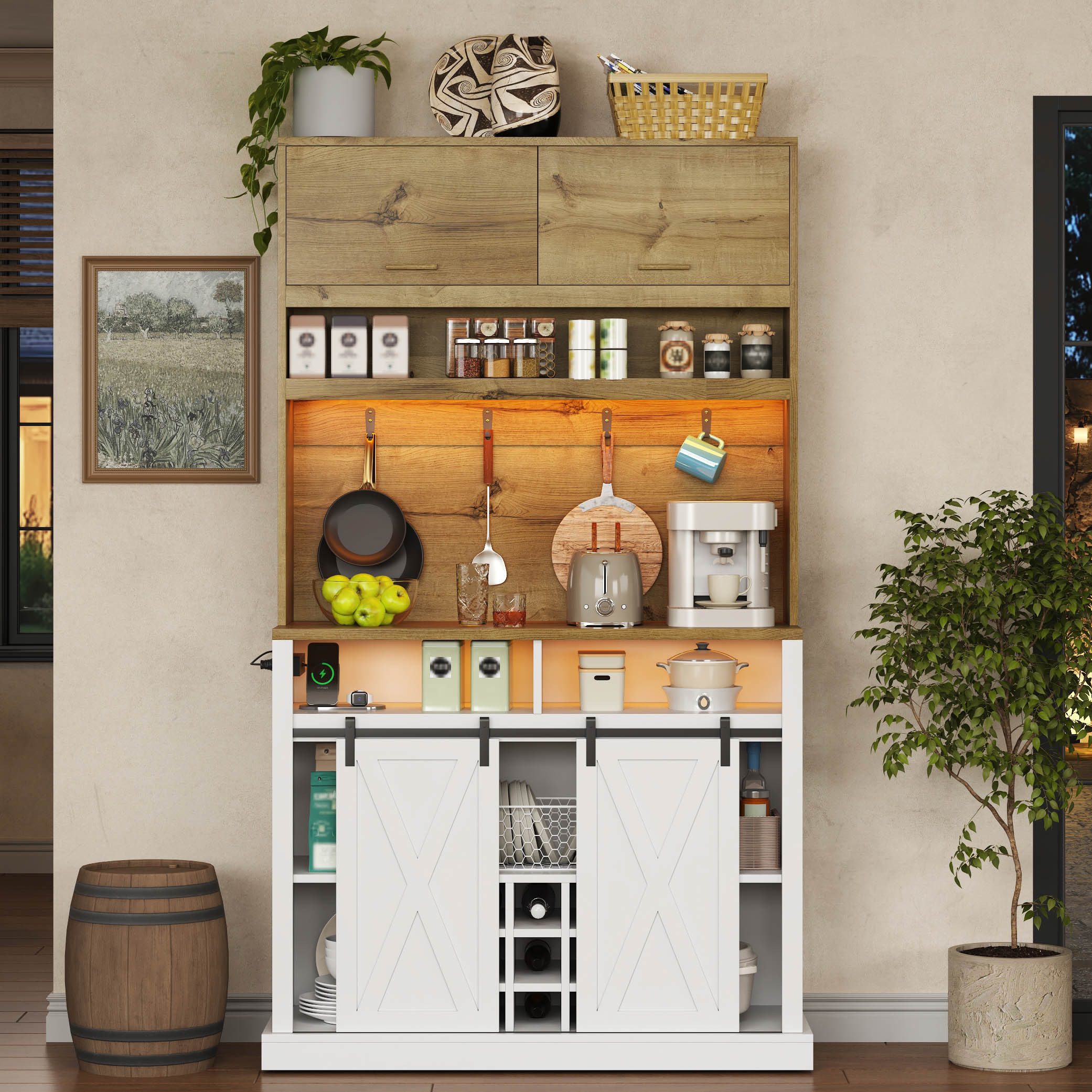 Flieks Küchenbuffet Hochschrank mit LED-Beleuchtung, Steckdose, Haken, Weinregal (1-St., B110/T42/H191 cm) Küchenschrank mit Arbeitsplatte in Holzoptik Mehrzwec – Bild 2 von 5
