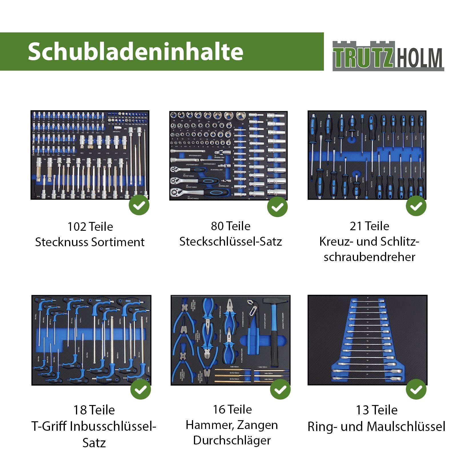 TRUTZHOLM Werkstattwagen 249-tlg. bestückt h97xb85xt46 Werkzeugwagen Werkzeugorganisation, auf Rollen, 249-tlg. Werkzeugset, (Set, 1-tlg), Hochwertige Konstruktion