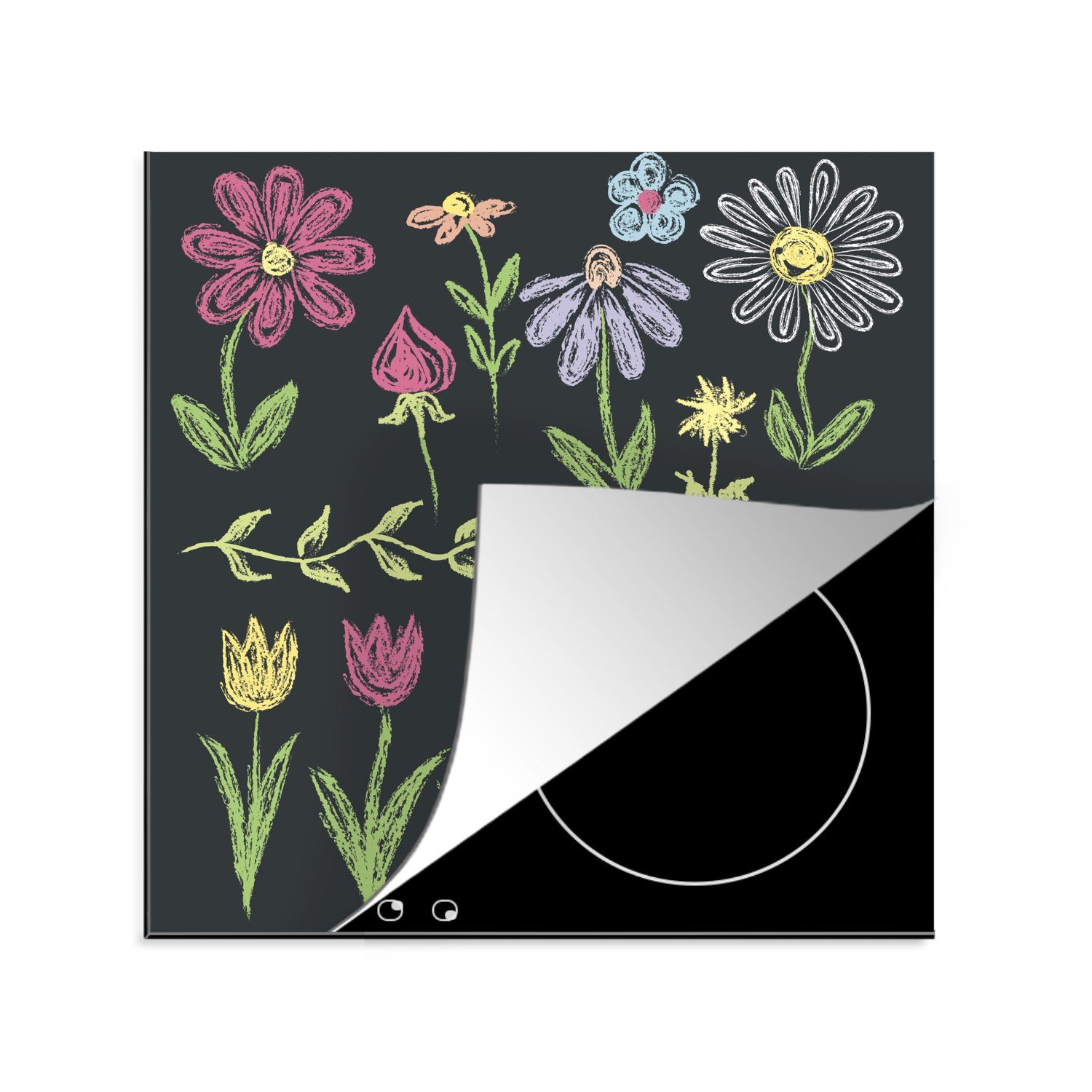 MuchoWow Herdblende-/Abdeckplatte Mit Kreide gezeichnete Illustration von Blumen für Kinder, Vinyl, (1 tlg), 78x78 cm, Ceranfeldabdeckung, Arbeitsplatte für küche