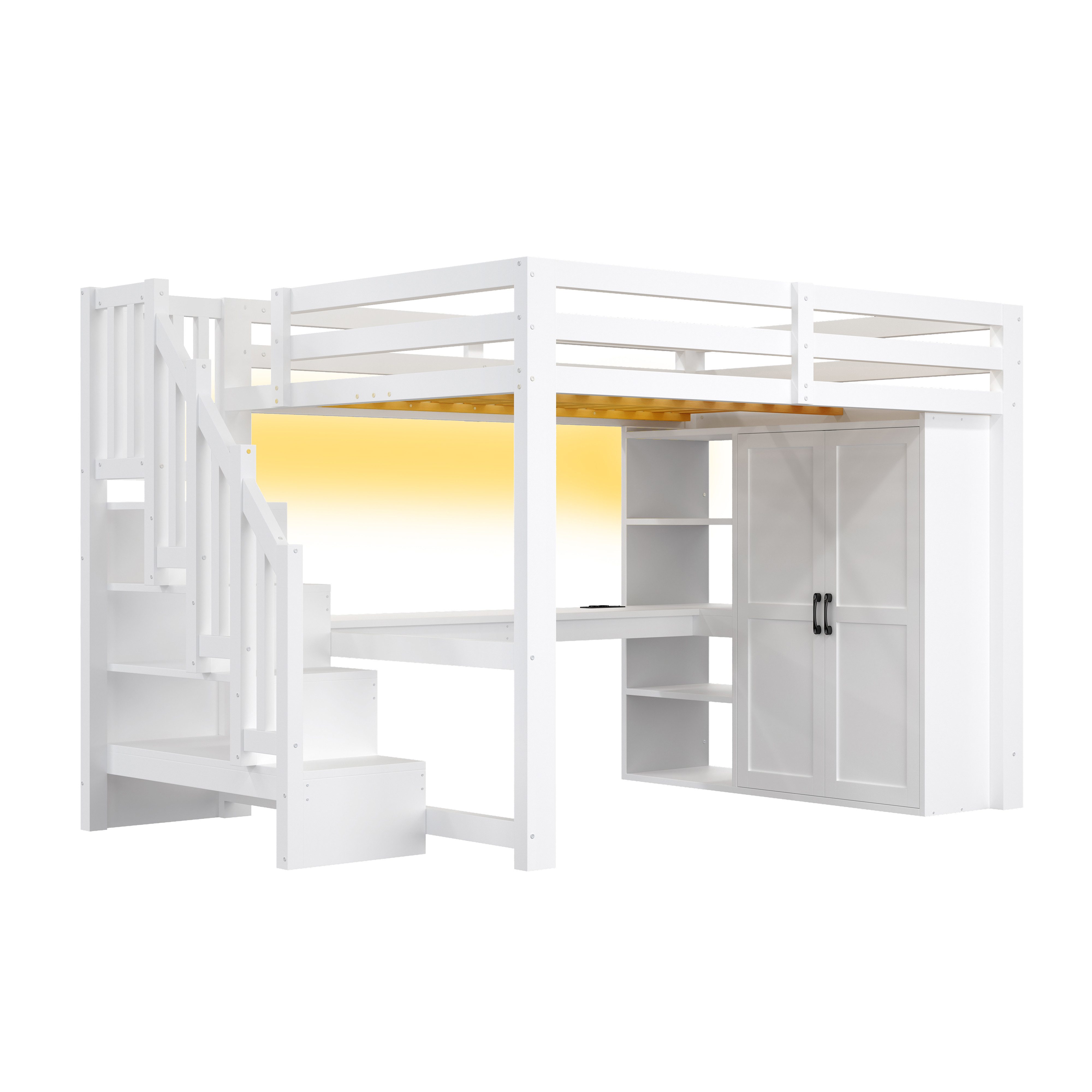 Merax Hochbett 140x200cm mit LED-Beleuchtung und USB (Massivholz Jugendbett Etagenbett, 1-St., 252,5 x 144,5 x 170 cm) Kinderbett mit Kleiderschrank Schreibtisc – Bild 5 von 5