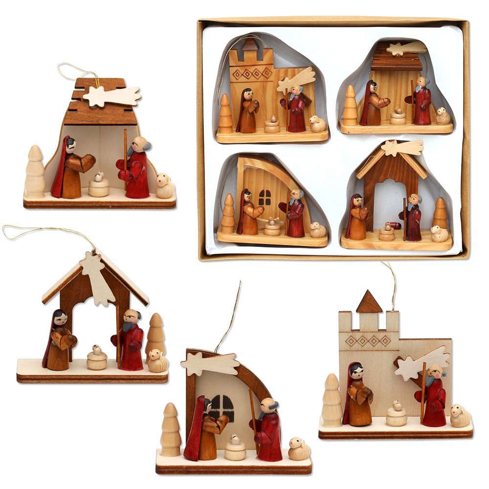 Dekohelden24 Christbaumschmuck Holzbaumbehang als 4er Set, Motiv: Krippen, ca. 8