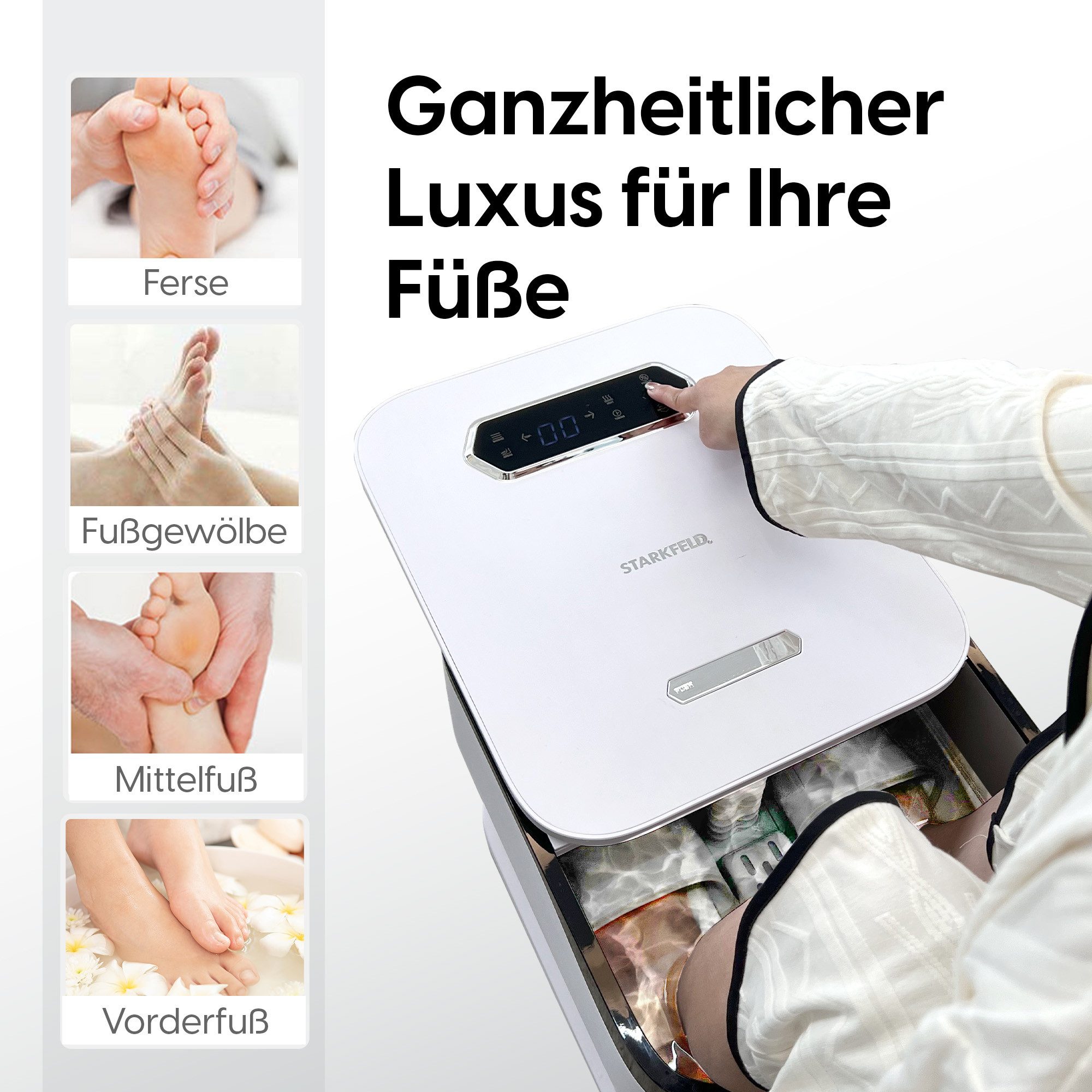STARKFELD HOME® Fußbad STARKFELD HOME® AQUARELAX – Fußbad Massagegerät Elektrisches Luxus, Packung, 4 in 1 : Fußspa & Fußmassagegerät mit Heizfunktion und Shiatsumassage, Elektrisch faltbar mit eingebautem Akku
