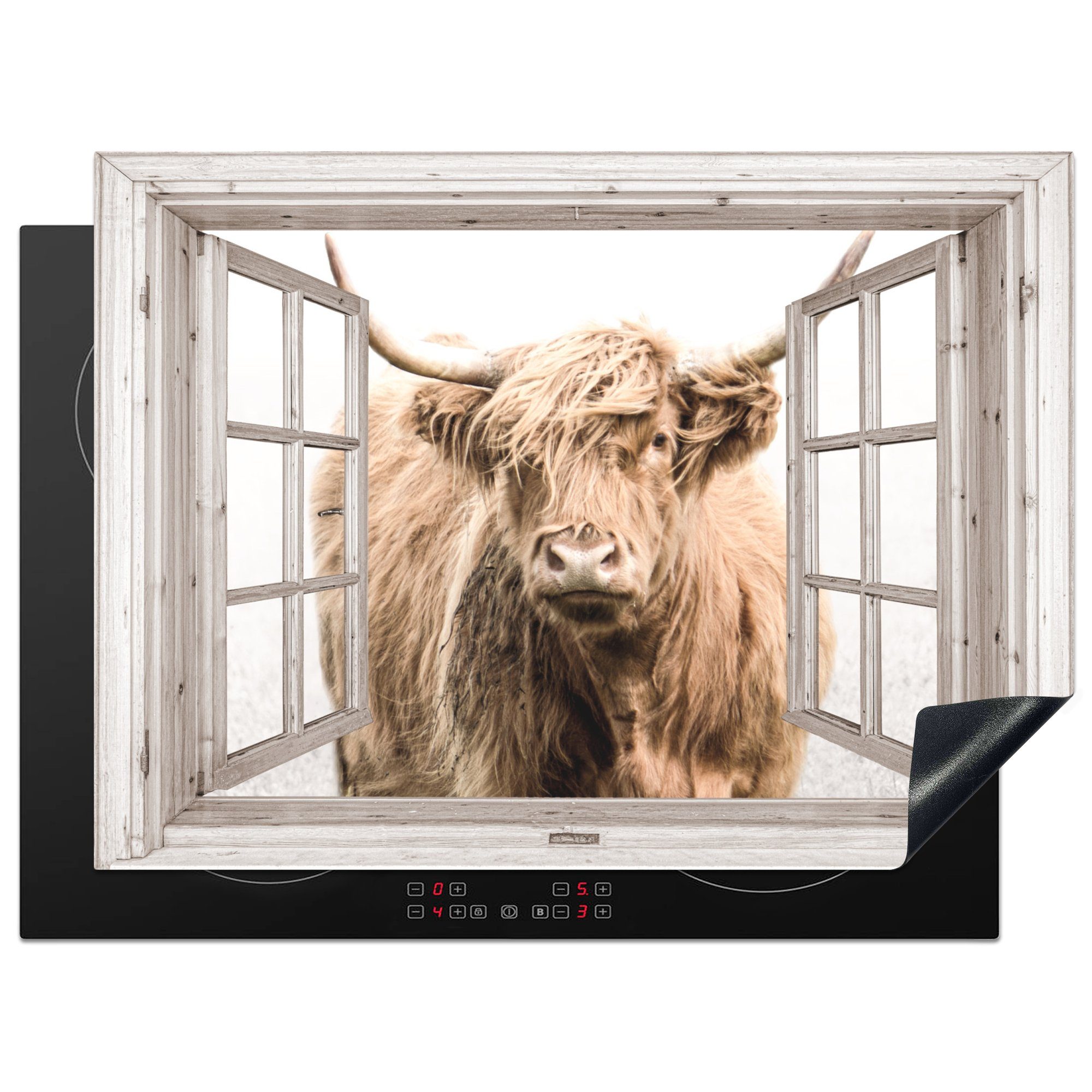 MuchoWow Herdblende-/Abdeckplatte Schottischer Highlander - Schutz Ansicht, 71x52 tlg), (1 Vinyl, Winter küche, - die für cm, Induktionskochfeld Ceranfeldabdeckung