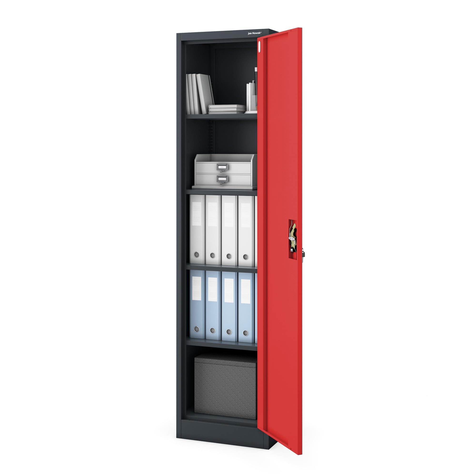 Jan Nowak Aktenschrank Metall Büroschrank abschließbar 45 cm ALEX 4 Böden Stahl schmal (Aktenschrank Ordnerschrank Büro Kanzlei Praxis platzsparend, Stahl 0,6 mm 185 x 45 x 40 cm Wandmontage 2 Schlüssel robust) Schloss langlebig pulverbeschichtet 13 Farben