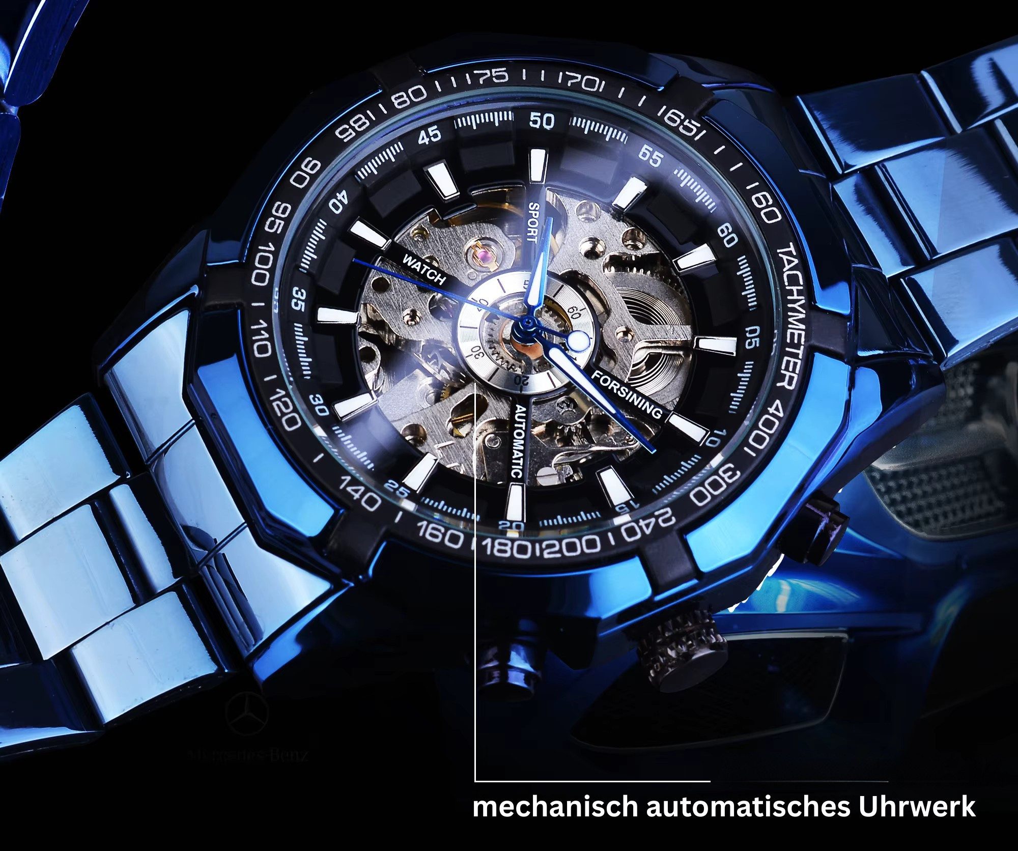 Rötting Design Automatikuhr Herrenuhr Automatikuhr Marke Forsining schwarzes Ziffernblatt, im blauen Design