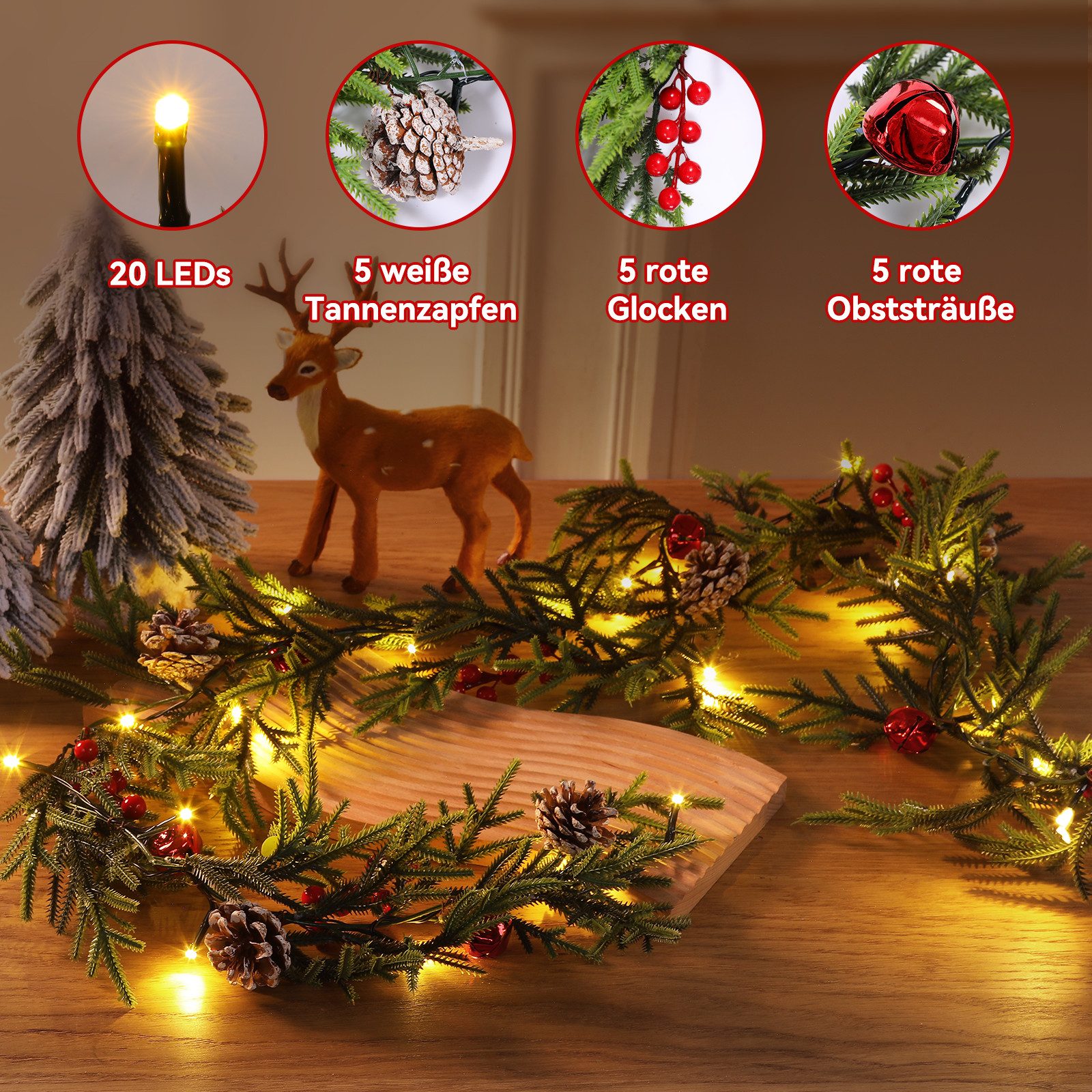 Kunstgirlande mit licht 1.75/2.7M Weihnachtsgirlande mit Beleuchtung, weihnachtsdeko, Elegear, deko für außen & innen, 8 Modi, wasserdichtes Batteriefach, Timer
