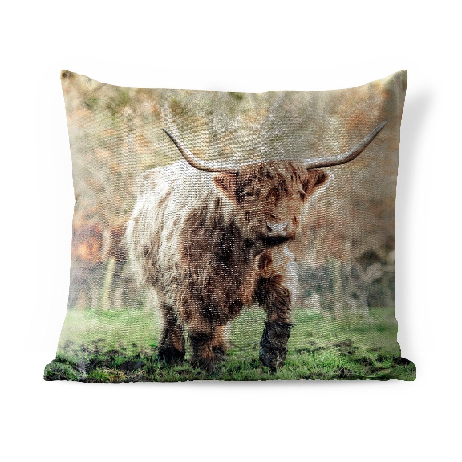 MuchoWow Dekokissen Scottish Highlander Bull - Natur - Herbst, Kissenbezüge, Kissenhülle, Dekokissen, Dekokissenbezug, Outdoor