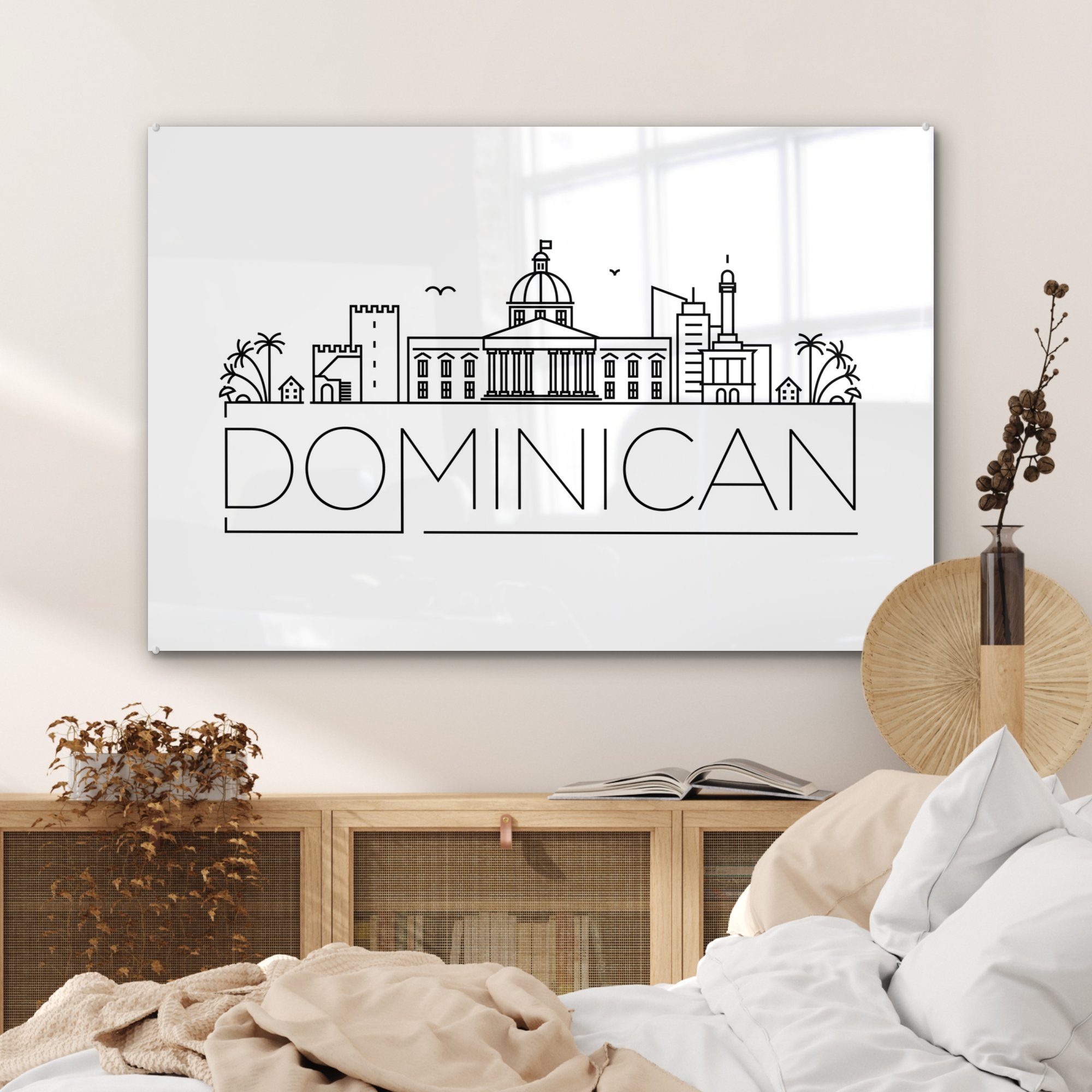 auf Wohnzimmer "Dominikanische Skyline St), Acrylglasbilder Hintergrund, Acrylglasbild Schlafzimmer (1 & Republik" weißem MuchoWow