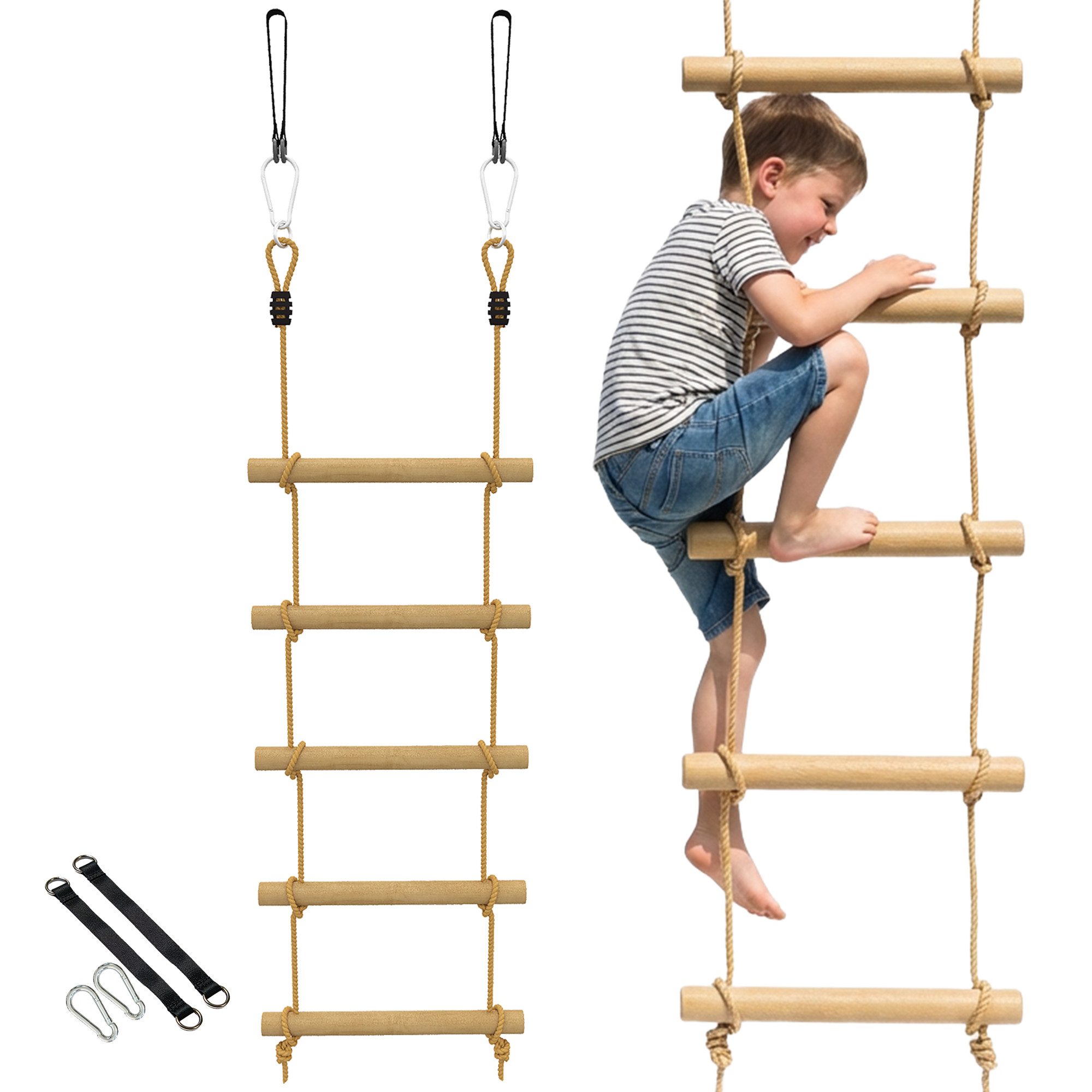 AIYAPLAY Slackline 5-stufige Kletterleiter mit 2 Karabinern und 2 Baumgurten, für 3-8 Jahre Kinder Naturholz