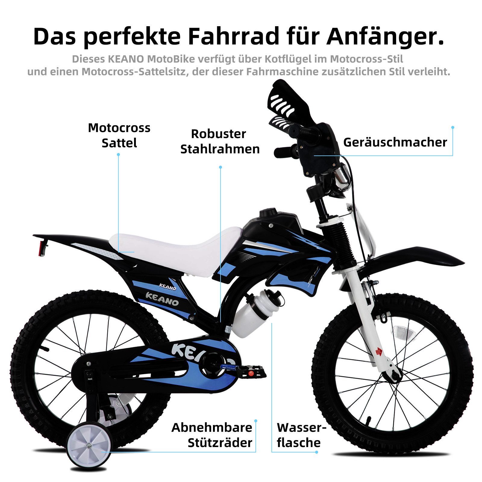 JOYSTAR Kinderfahrrad 12/16 Zoll fahrrad im Motorradstil für 3-8 Jahren Jungen und Mädchen, mit Stützrädern, Getränkehalter und Schutzblechen