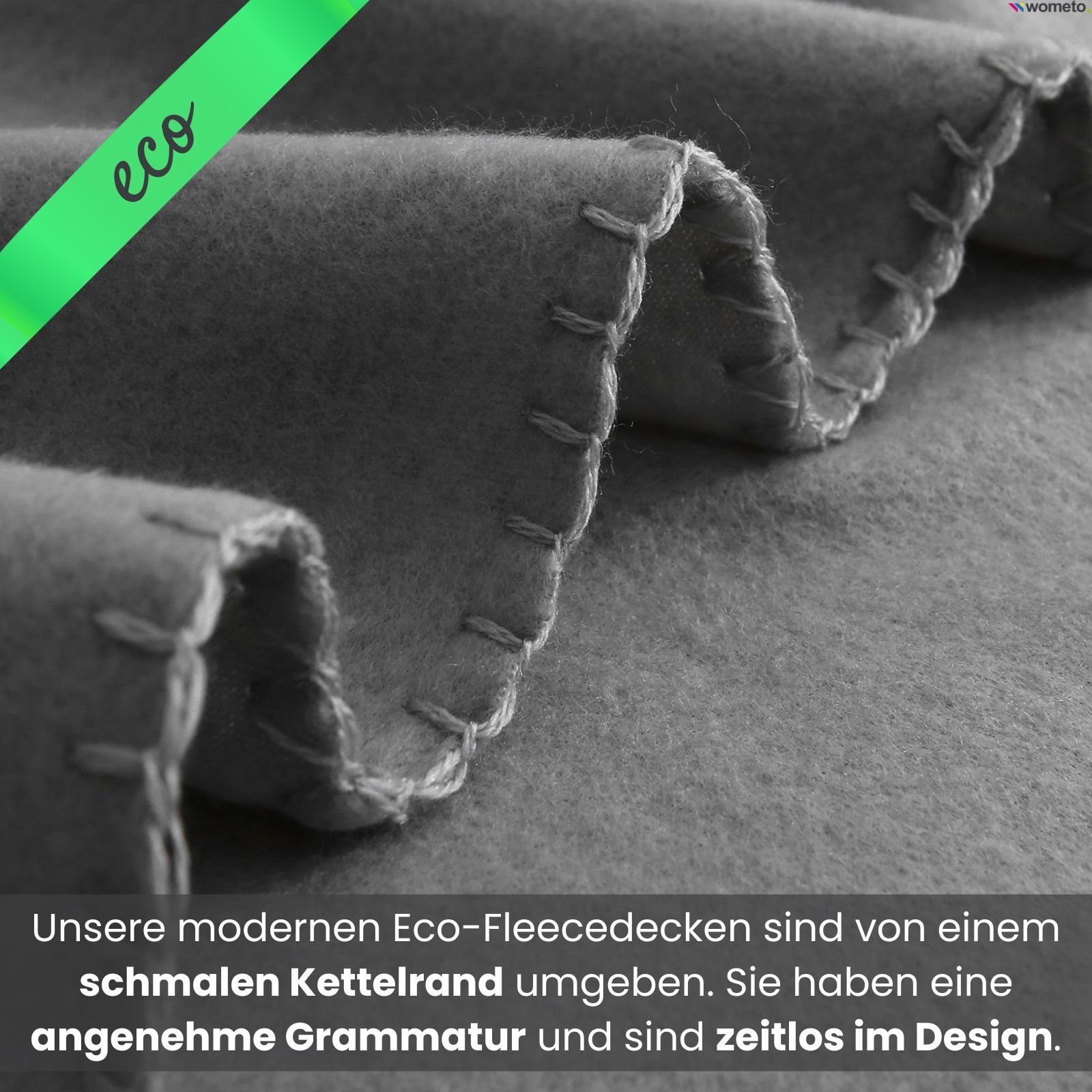 Wohndecke eco-line Fleecedecke & mit 130x160, ca. aus recycelten Kettel-Einfassung Anti-Pilling wometo, 100% Materialien, grau