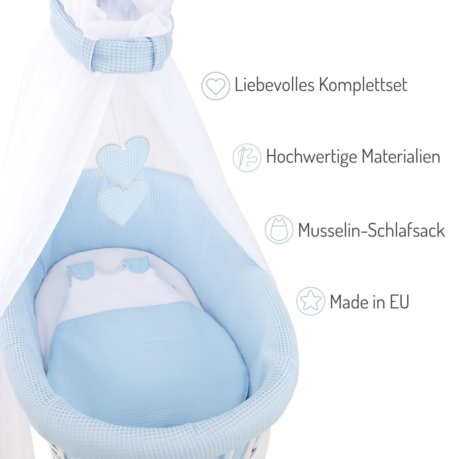 FabiMax Stubenwagen weiß lackiert, Komplettset, Musselin & Waffelpiqué, Inkl. Matratze, Nestchen & Schlafsack